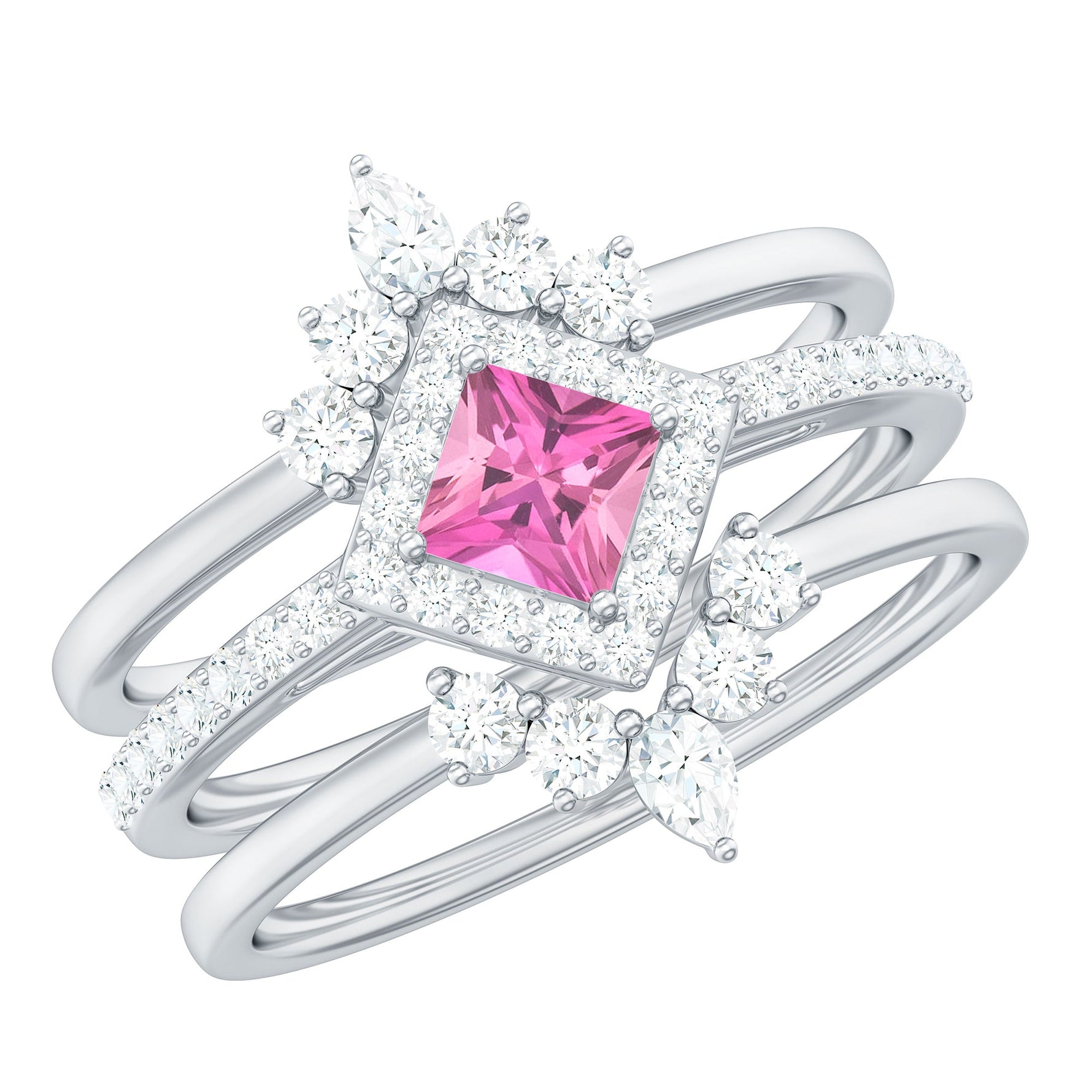 Real Pink tourmaline and Moissanite Trio Wedding Ring Set