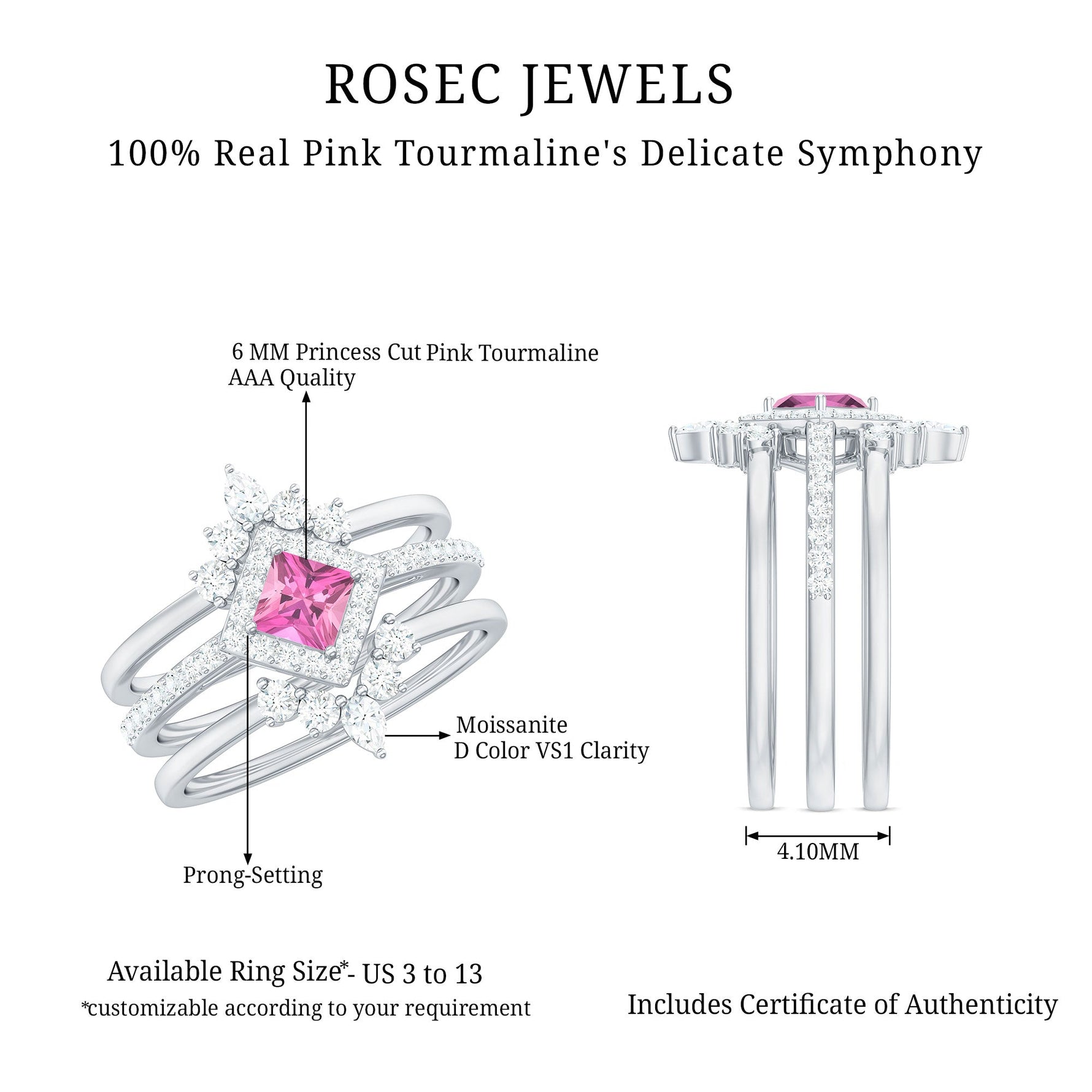 Real Pink tourmaline and Moissanite Trio Wedding Ring Set