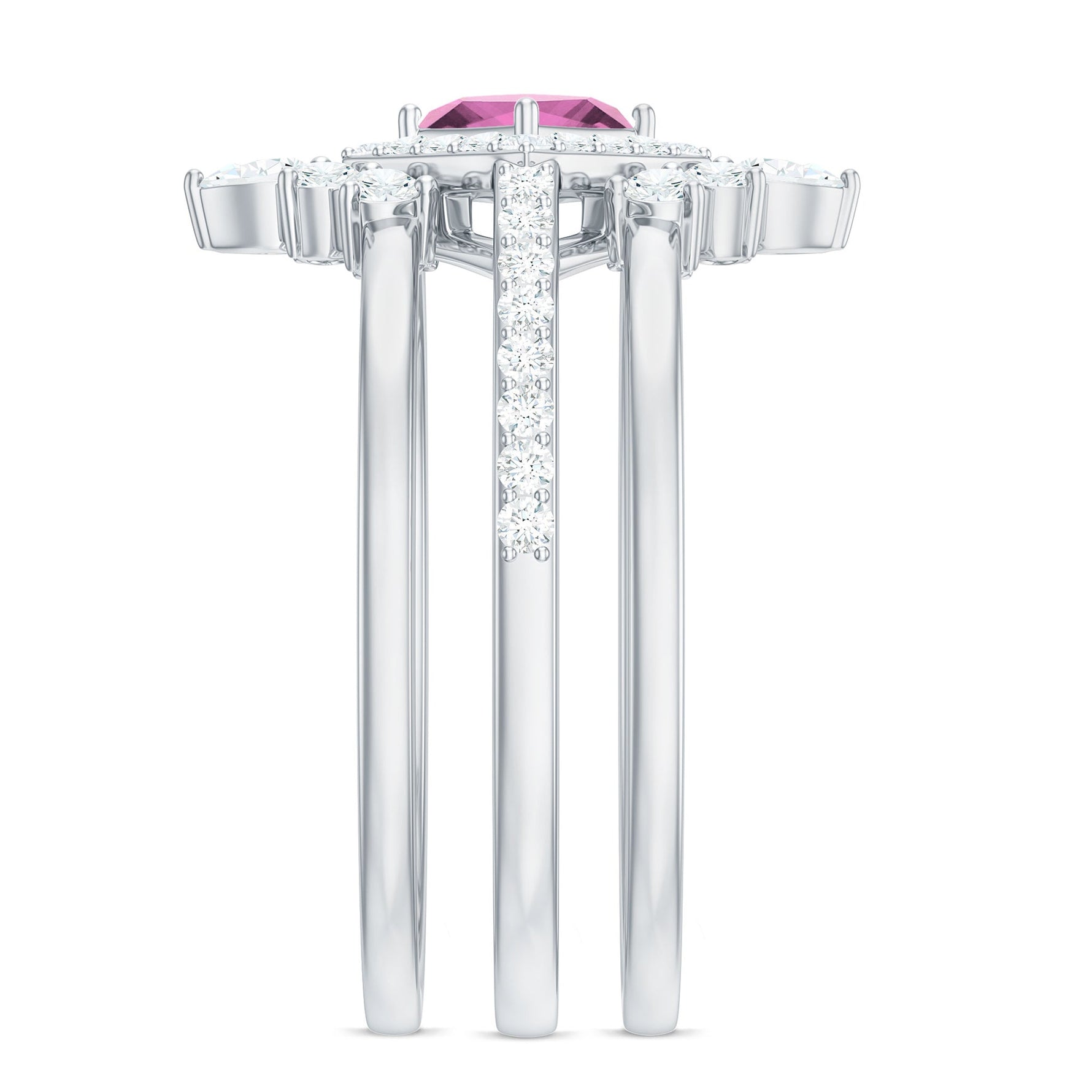Real Pink tourmaline and Moissanite Trio Wedding Ring Set