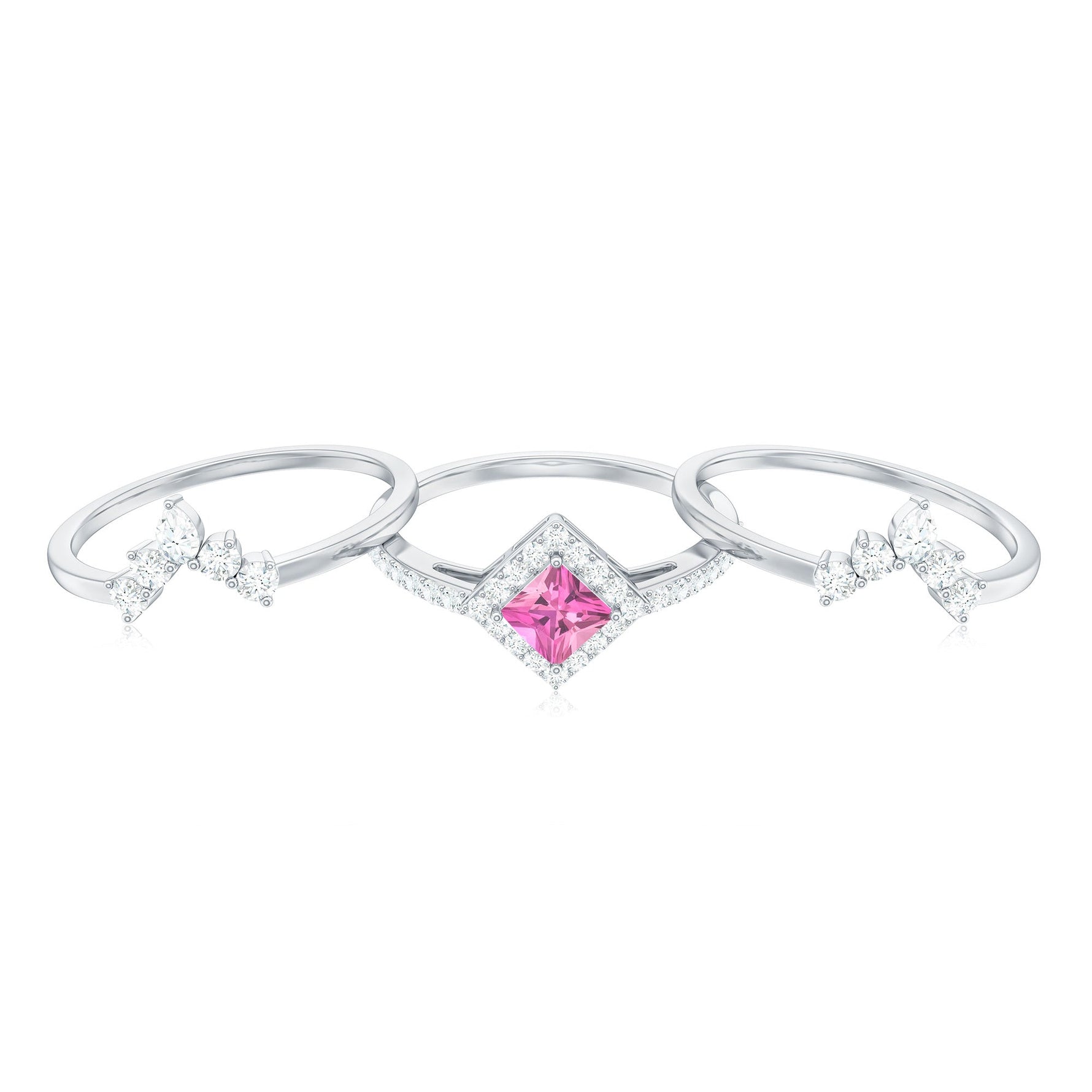 Real Pink tourmaline and Moissanite Trio Wedding Ring Set