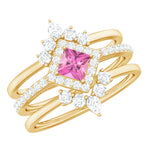 Real Pink tourmaline and Moissanite Trio Wedding Ring Set