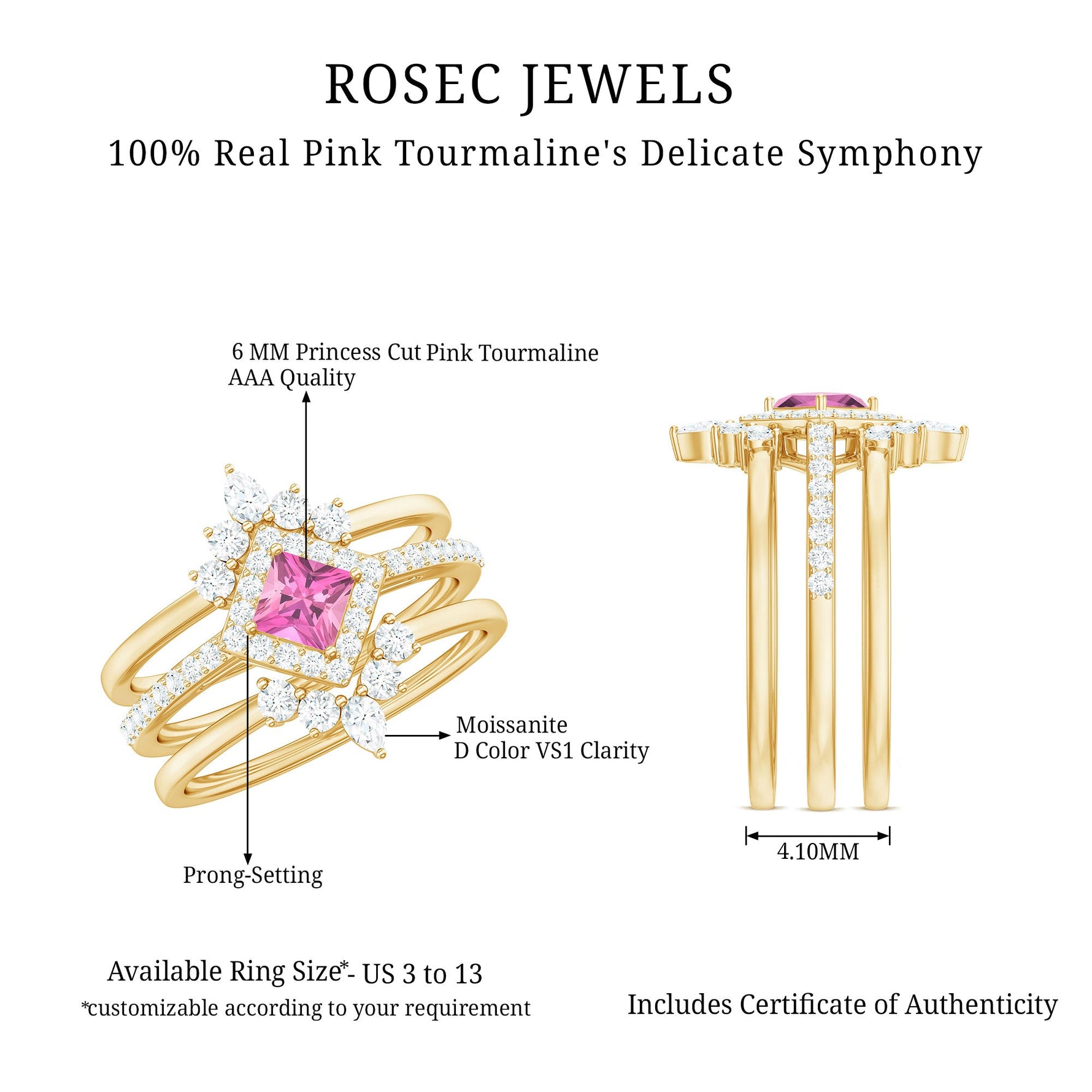 Real Pink tourmaline and Moissanite Trio Wedding Ring Set