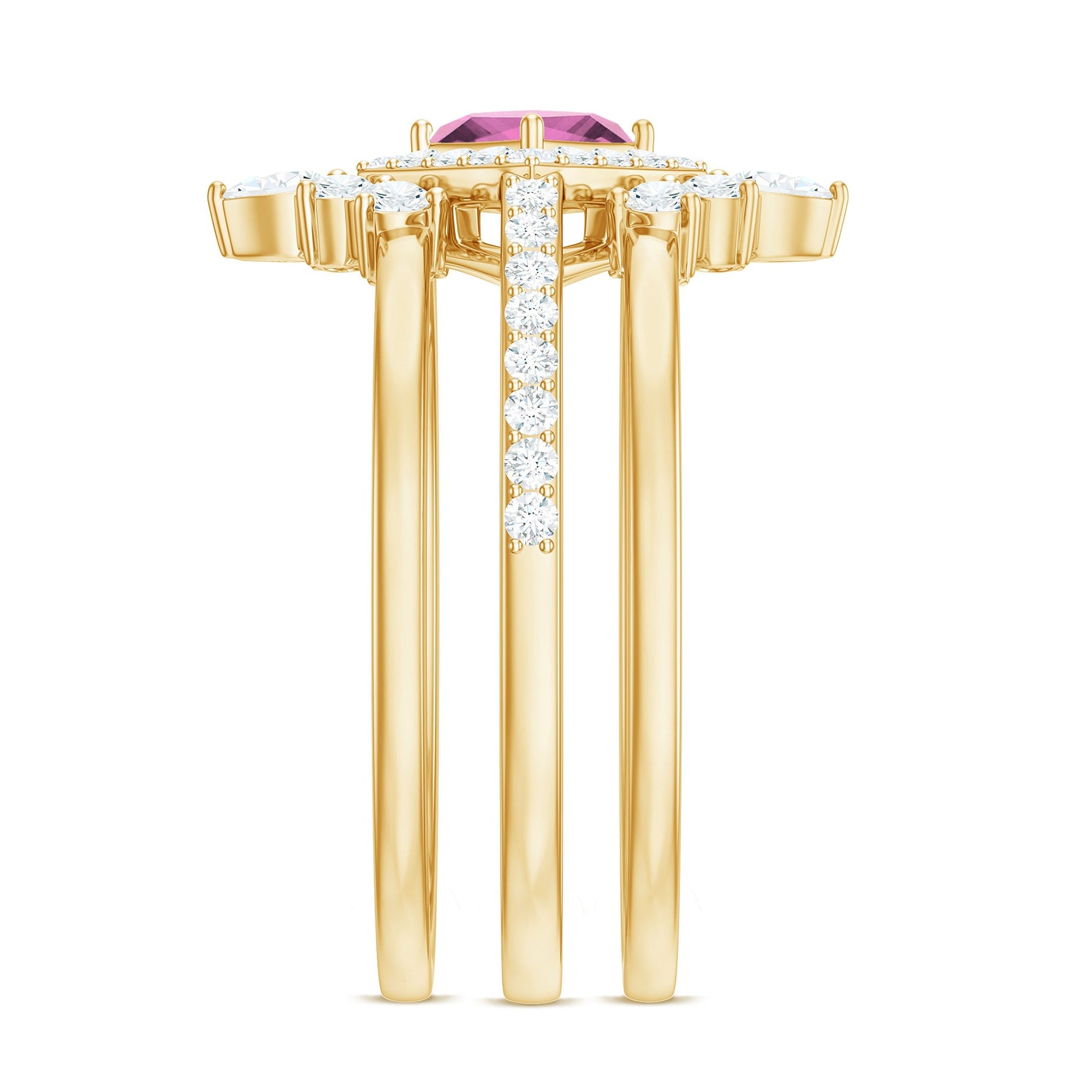 Real Pink tourmaline and Moissanite Trio Wedding Ring Set