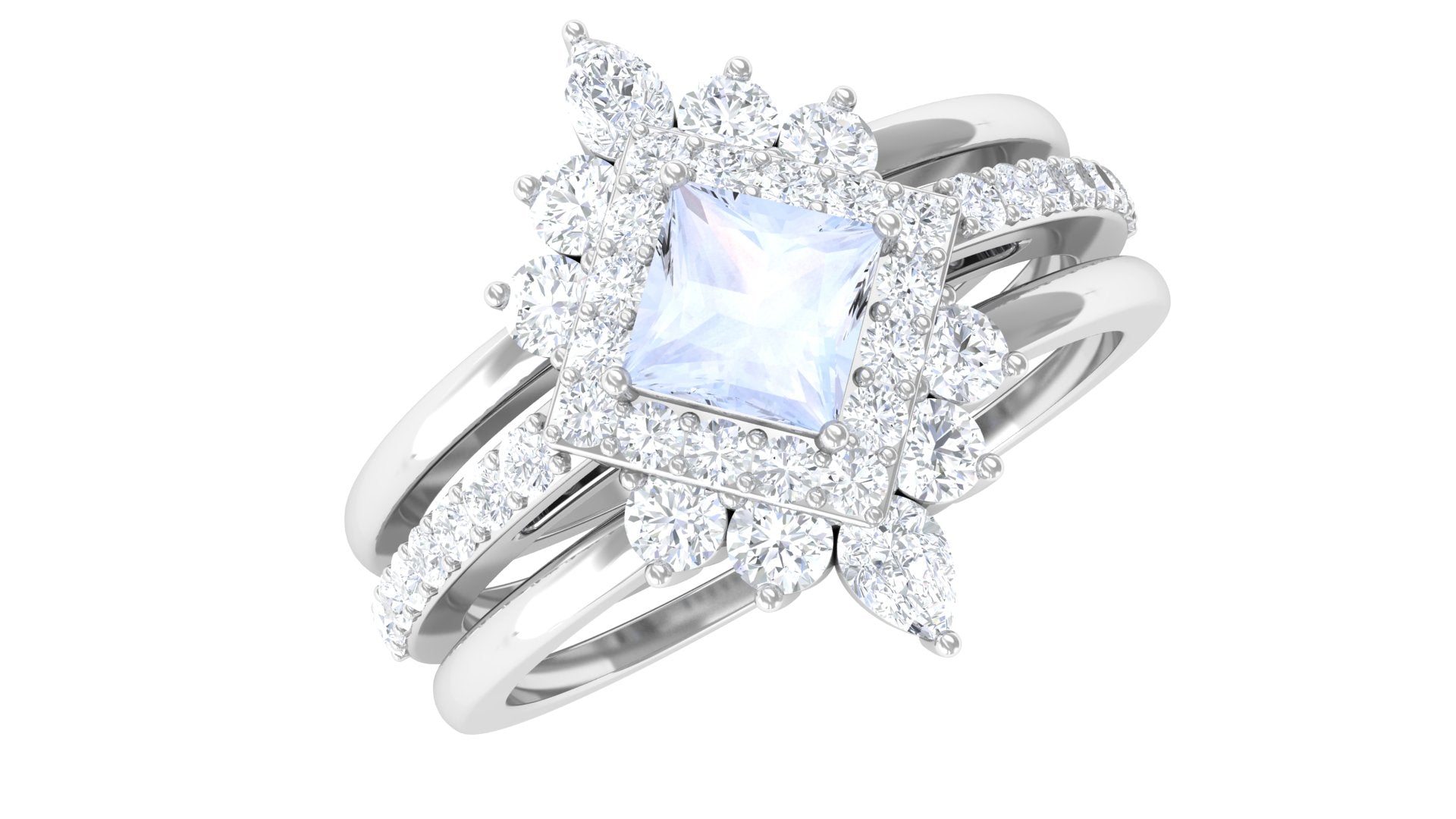 Natural Moonstone and Moissanite Trio Wedding Ring Set