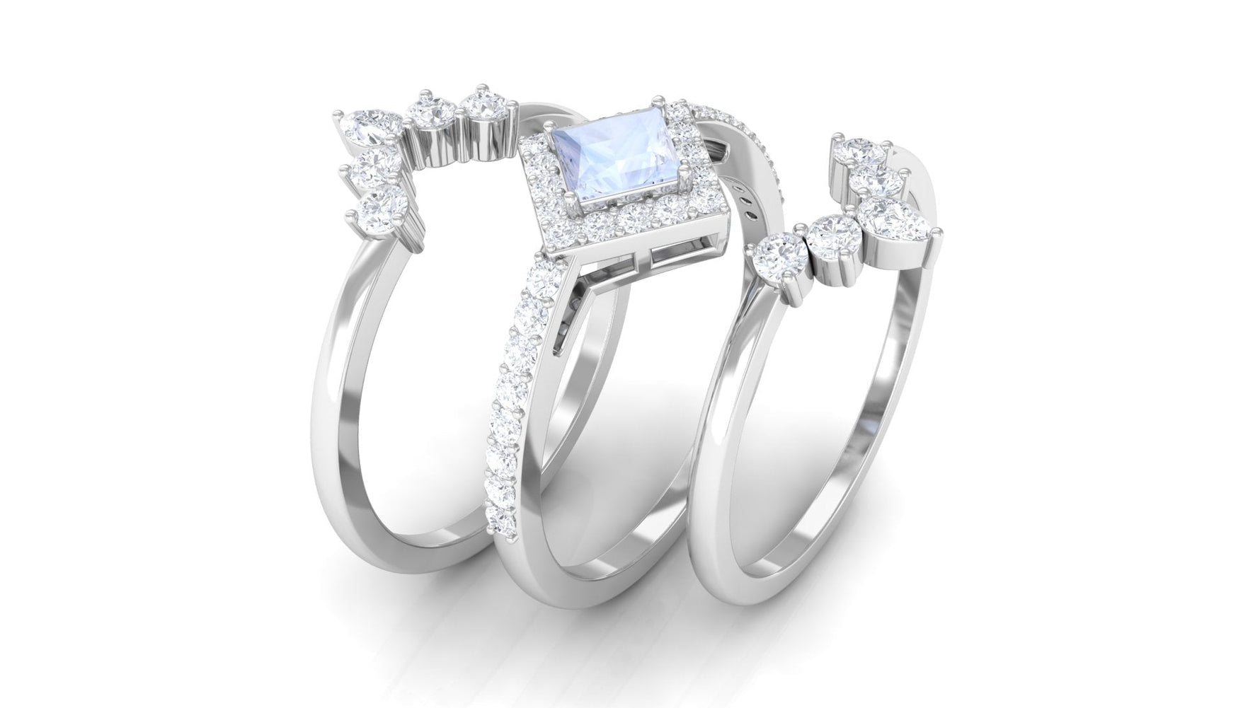 Natural Moonstone and Moissanite Trio Wedding Ring Set