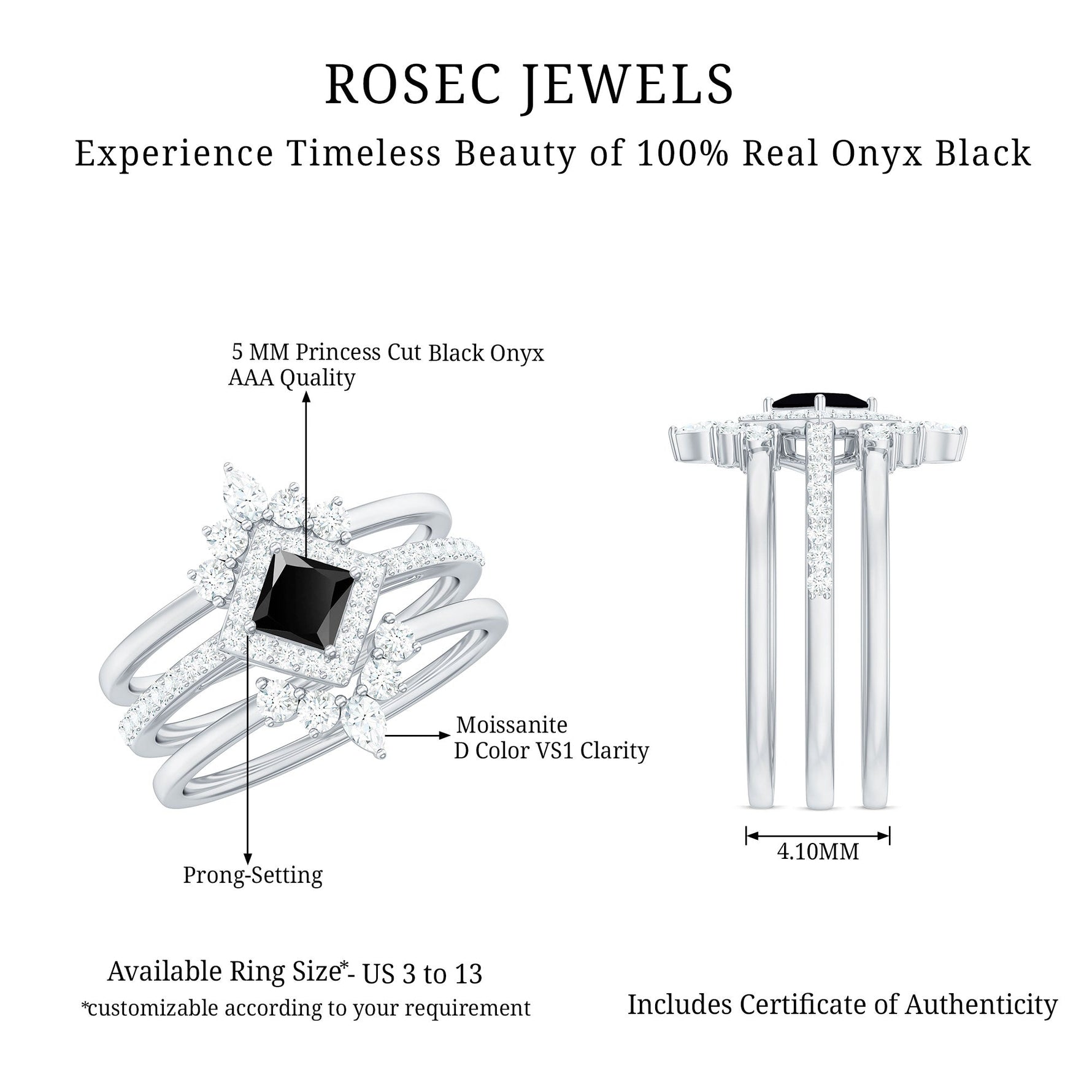 Certified 5mm Princess Cut Black Onyx Wedding Rings Set with Moissanite Band