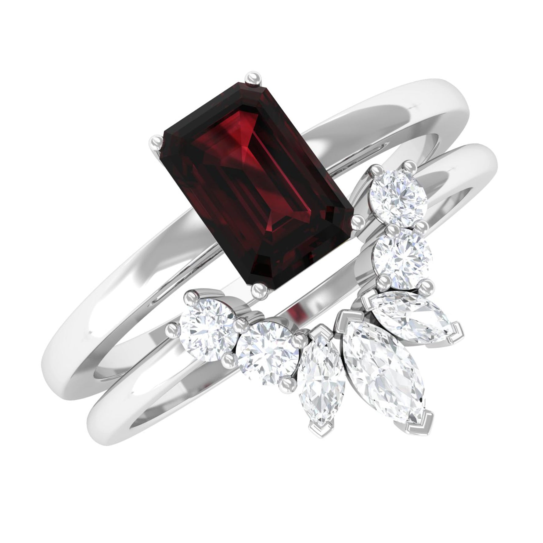 Genuine Garnet Diamond Emerald Cut Engagement Ring with Wedding Band