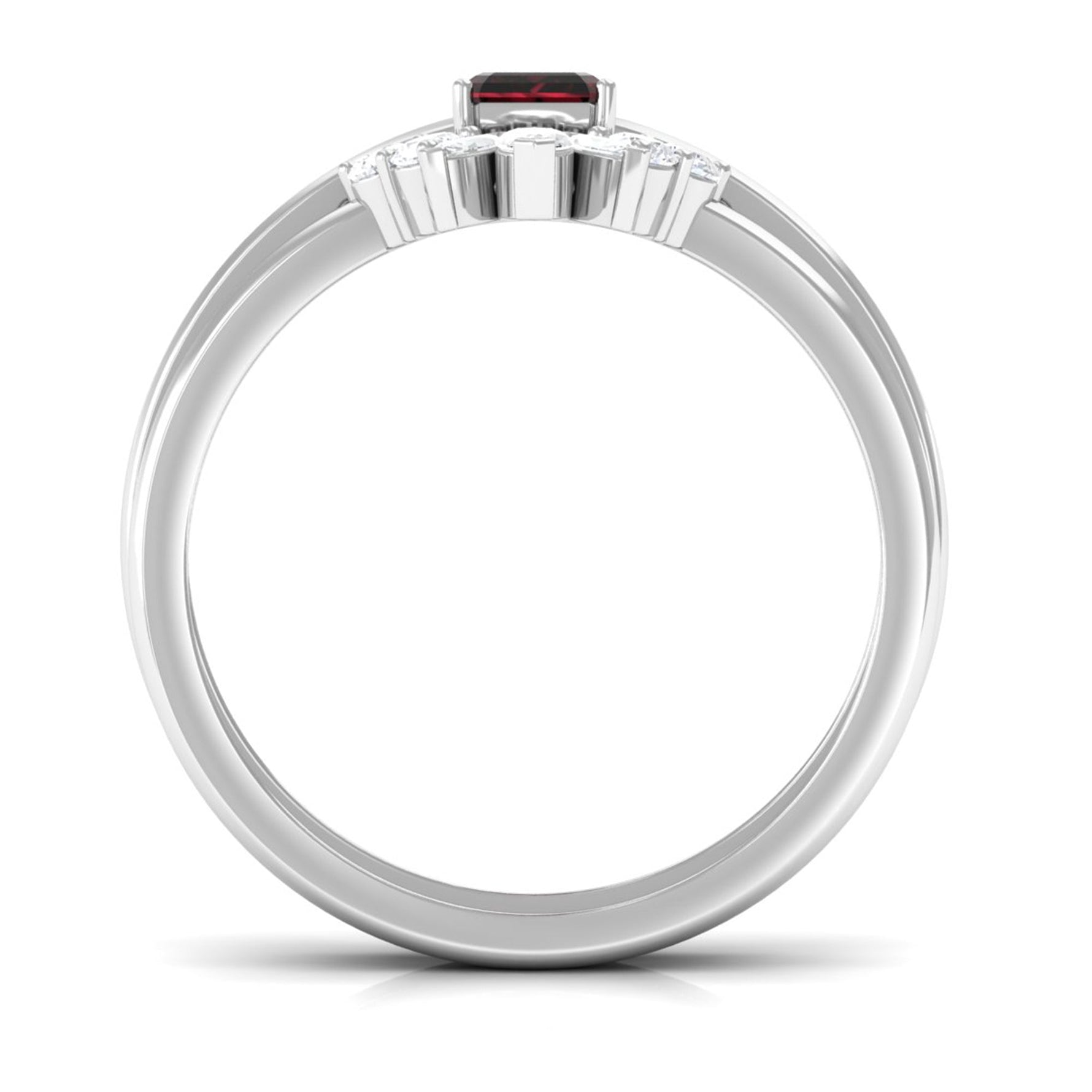 Genuine Garnet Diamond Emerald Cut Engagement Ring with Wedding Band