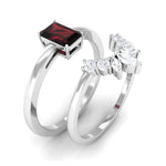 Genuine Garnet Diamond Emerald Cut Engagement Ring with Wedding Band