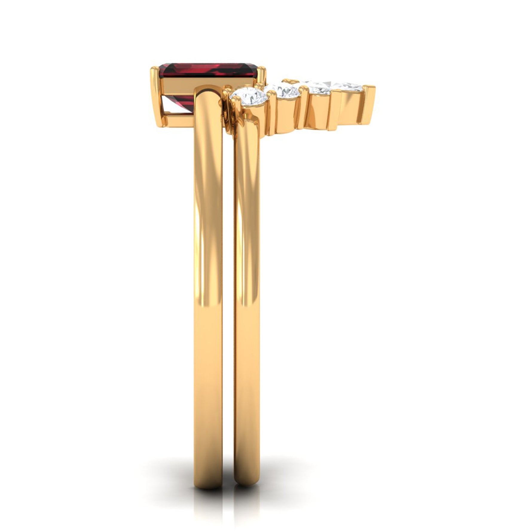 Genuine Garnet Diamond Emerald Cut Engagement Ring with Wedding Band