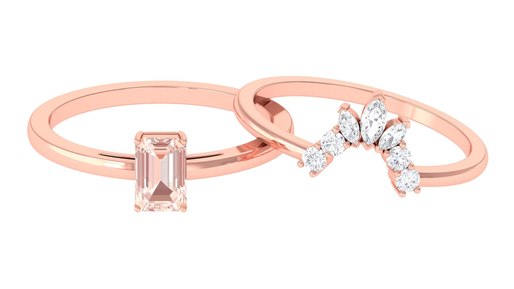 Emerald Cut Morganite Wedding Ring Set with Diamond