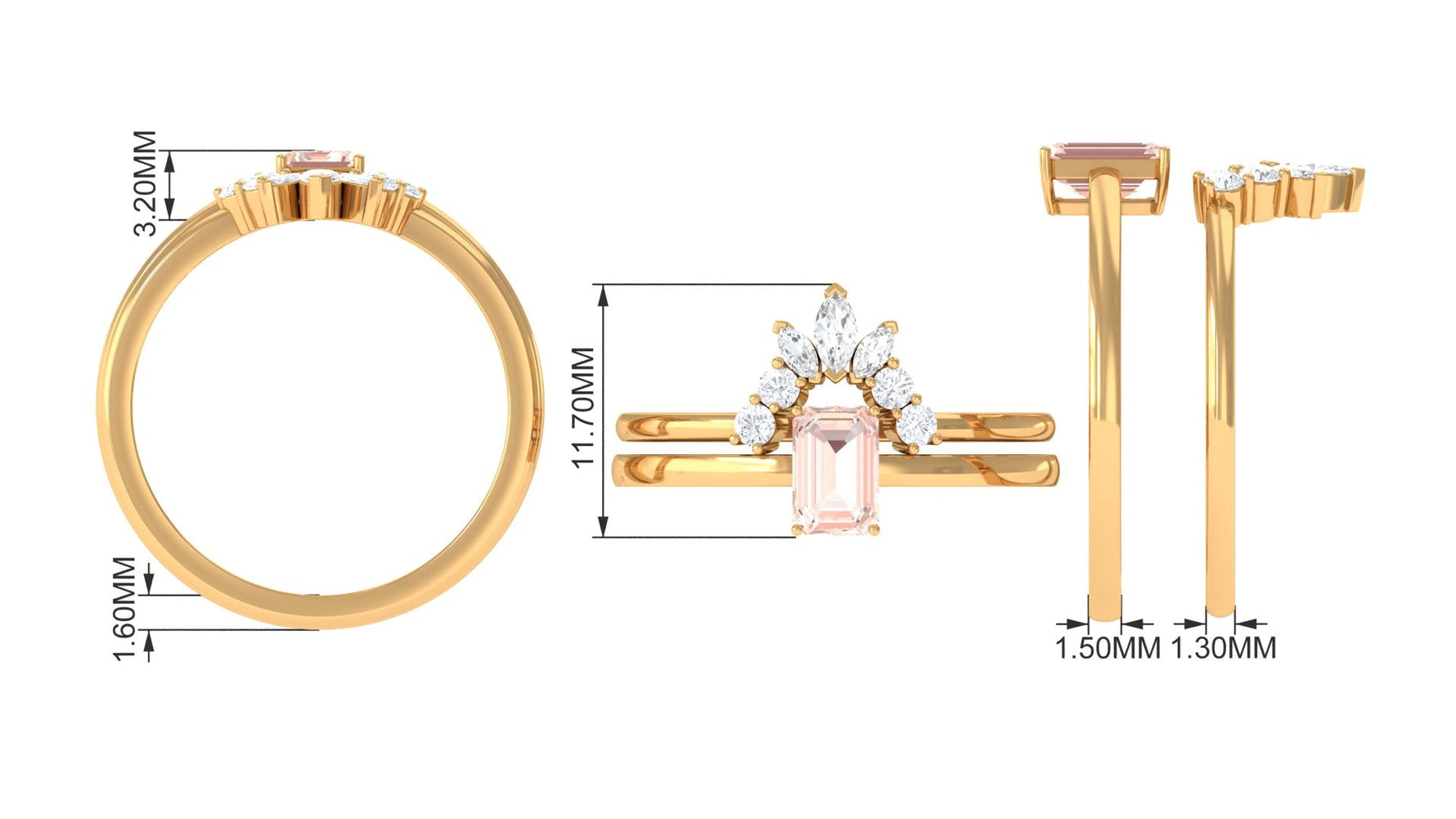 Emerald Cut Morganite Wedding Ring Set with Diamond