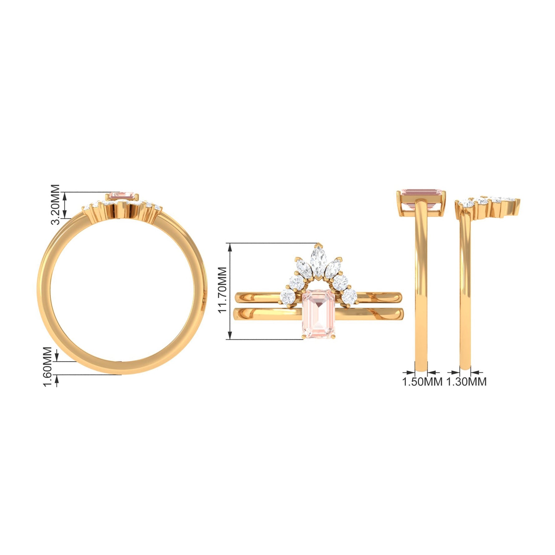 Emerald Cut Morganite Wedding Ring Set with Diamond