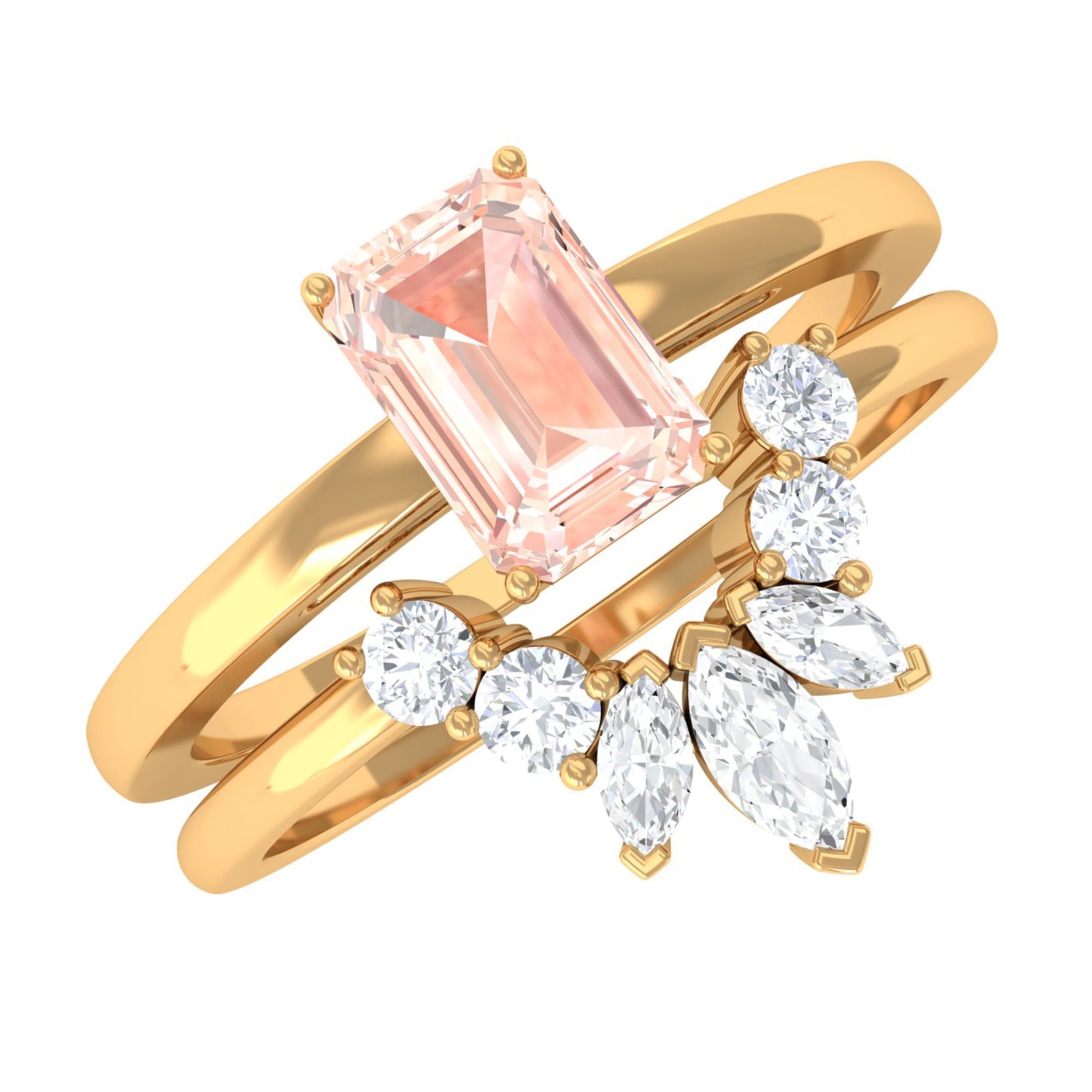 Emerald Cut Morganite Wedding Ring Set with Diamond