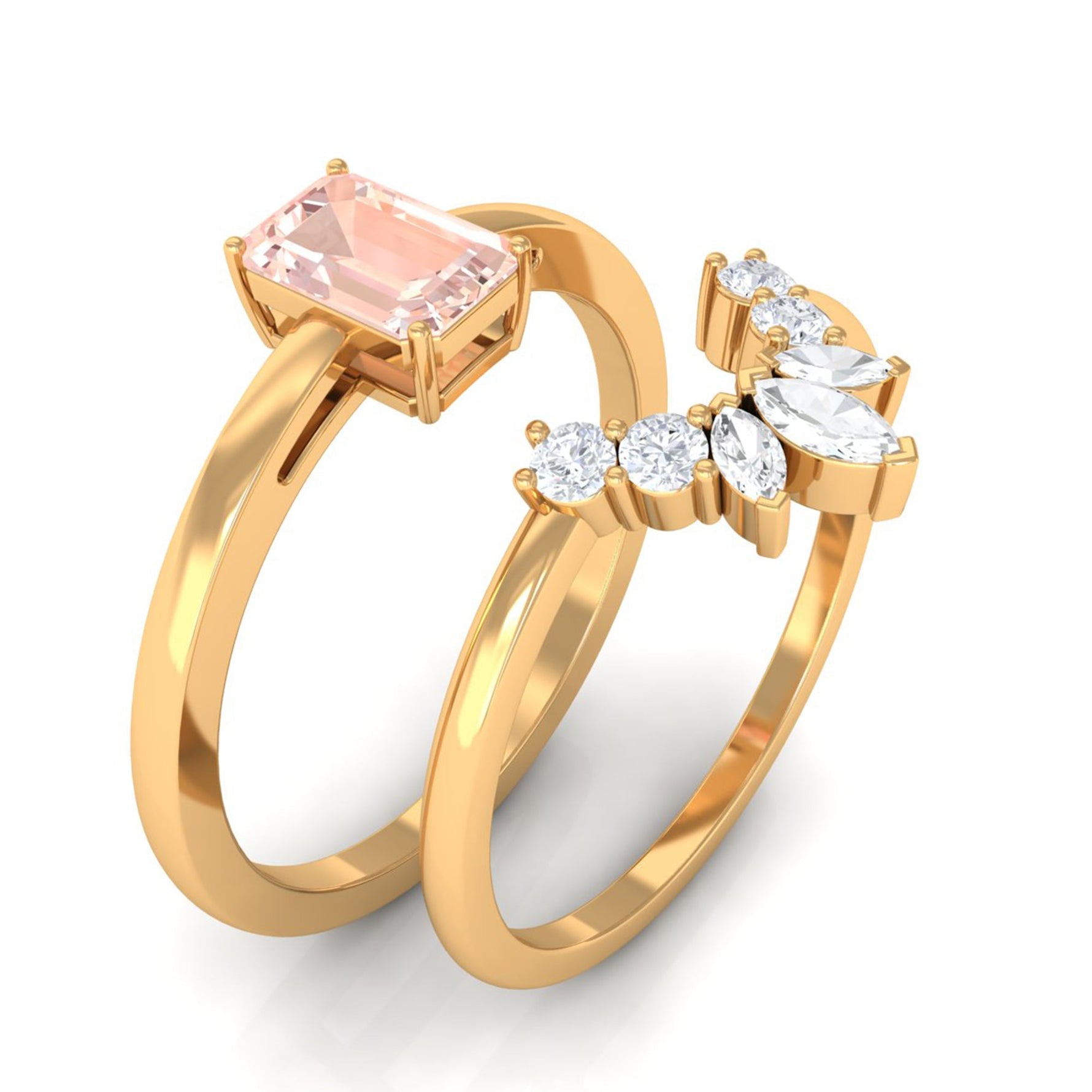 Emerald Cut Morganite Wedding Ring Set with Diamond