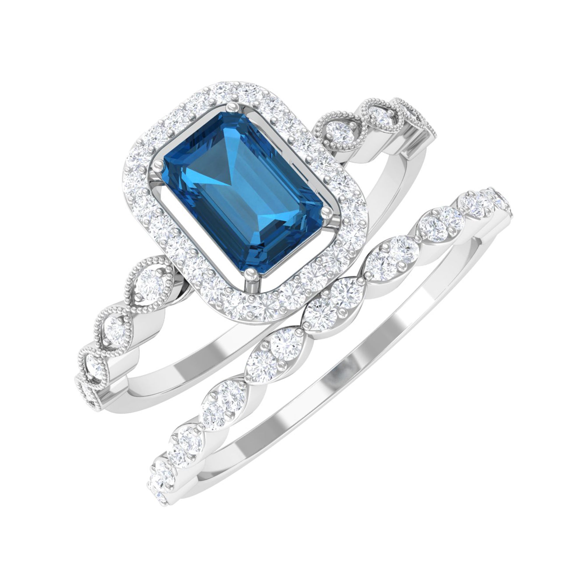 London Blue Topaz and Diamond Vintage Inspired Wedding Ring Set