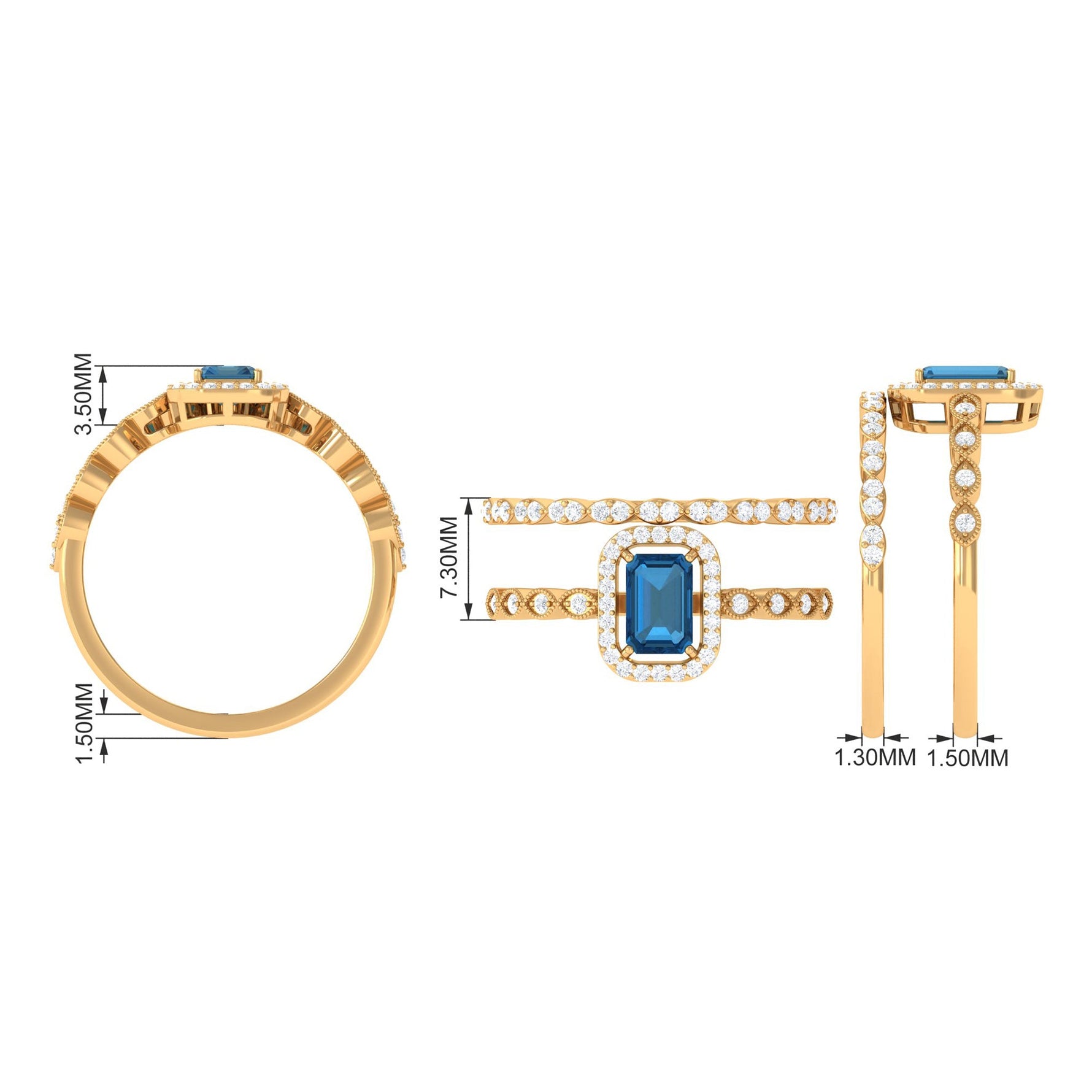 London Blue Topaz and Diamond Vintage Inspired Wedding Ring Set