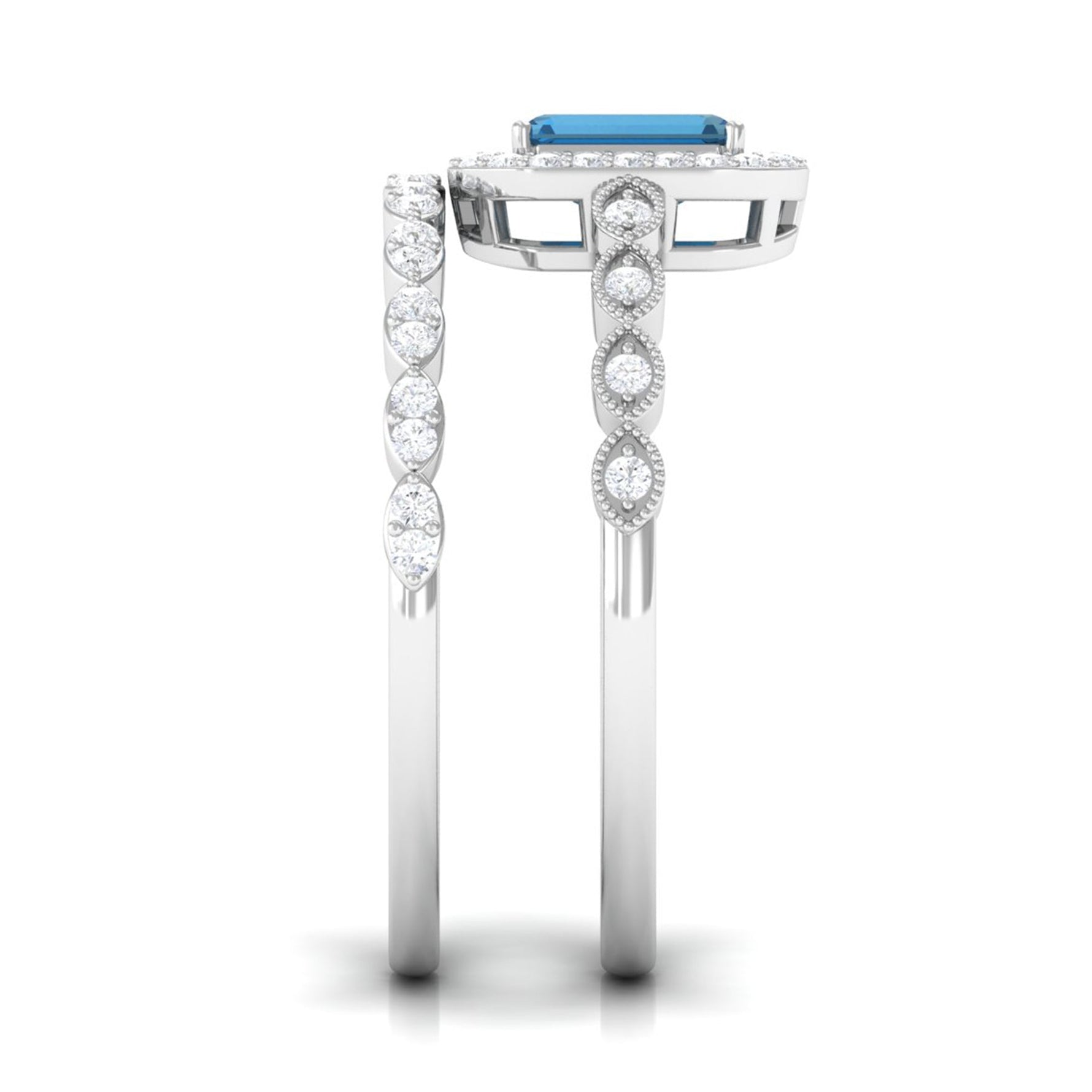 London Blue Topaz and Diamond Vintage Inspired Wedding Ring Set