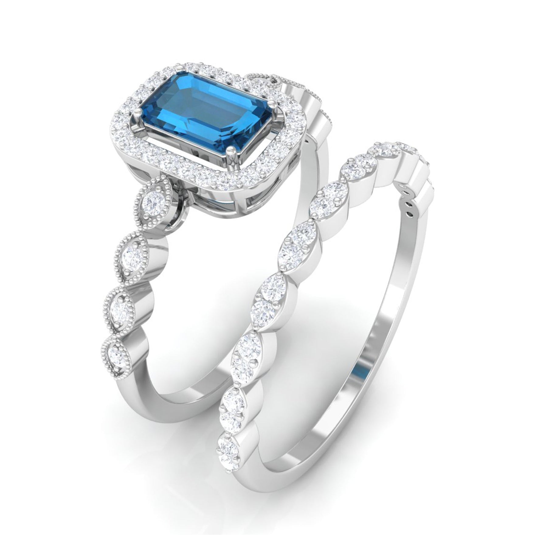London Blue Topaz and Diamond Vintage Inspired Wedding Ring Set