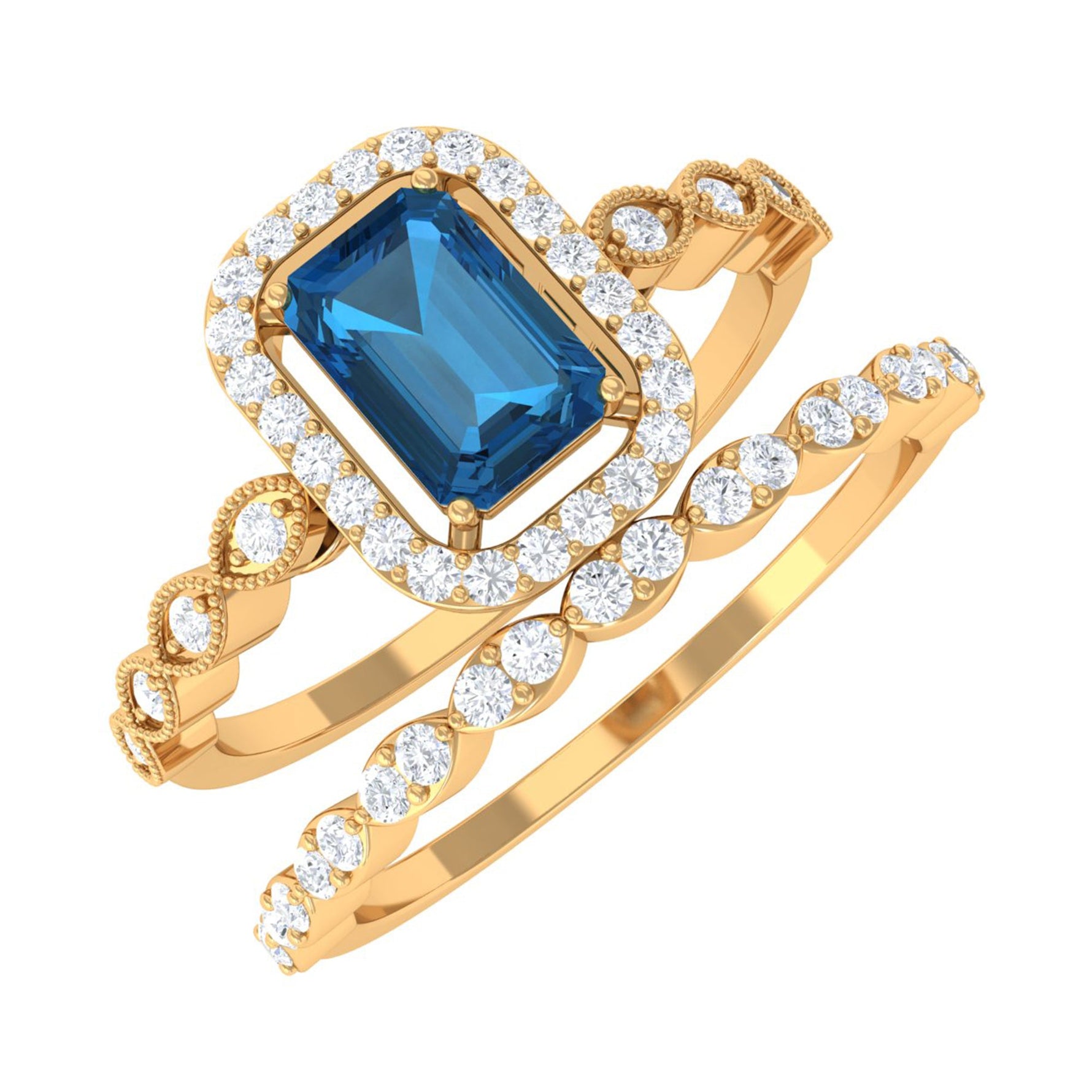London Blue Topaz and Diamond Vintage Inspired Wedding Ring Set