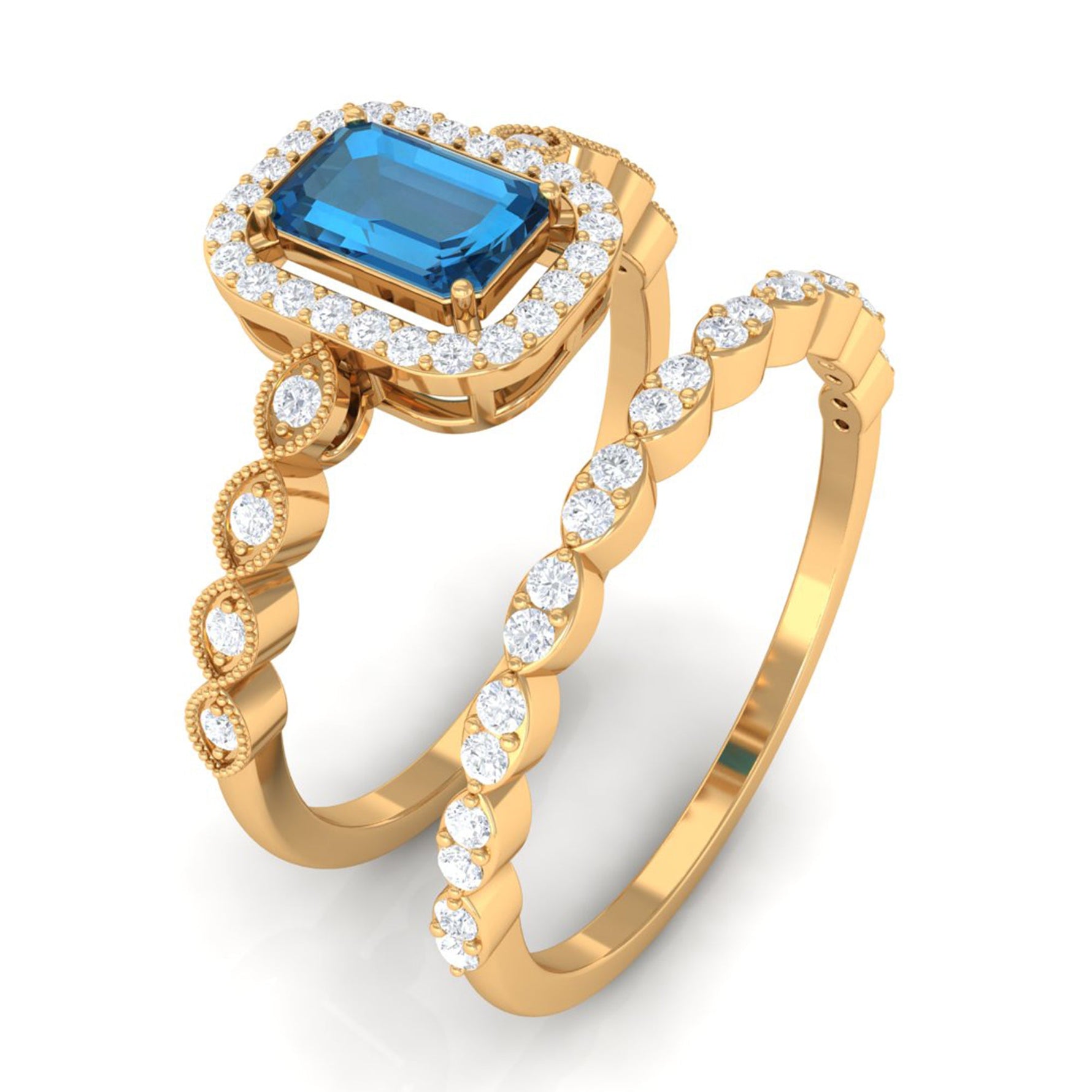 London Blue Topaz and Diamond Vintage Inspired Wedding Ring Set