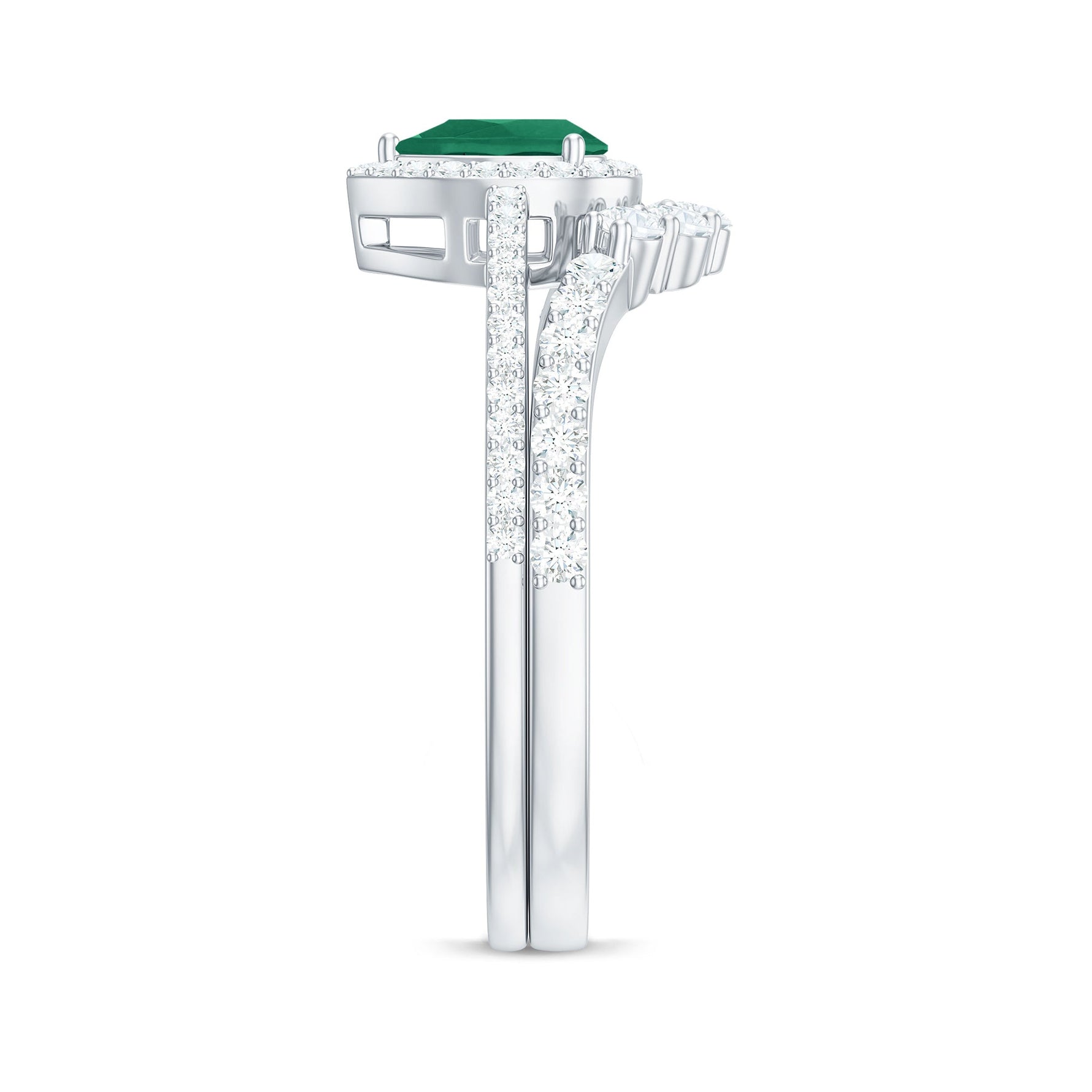 Natural Emerald Diamond Pear Shaped Engagement Wedding Ring Set of 2