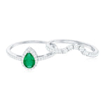 Natural Emerald Diamond Pear Shaped Engagement Wedding Ring Set of 2