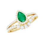 Natural Emerald Diamond Pear Shaped Engagement Wedding Ring Set of 2