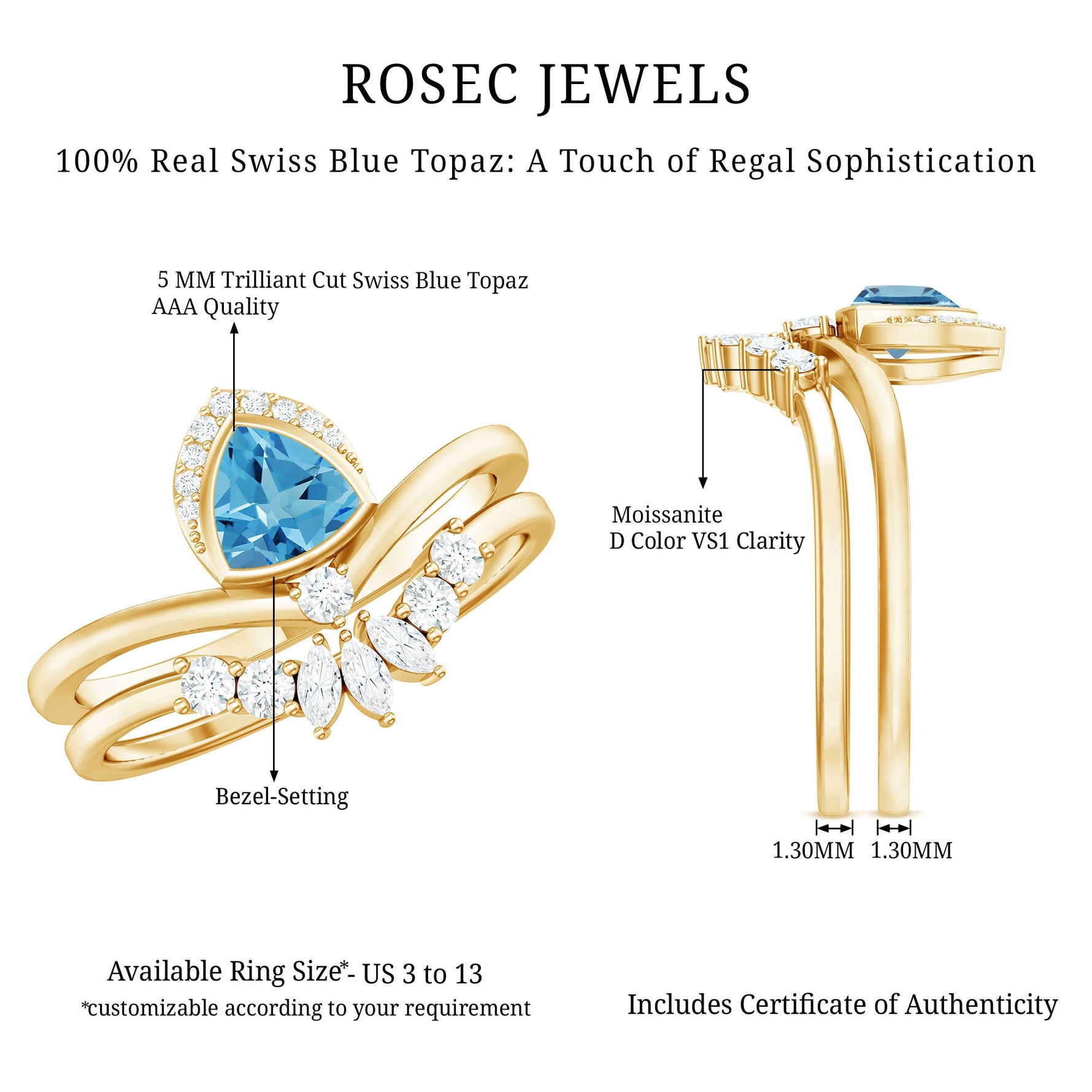 Real Swiss Blue Topaz Designer Engagement Ring With Enhancer