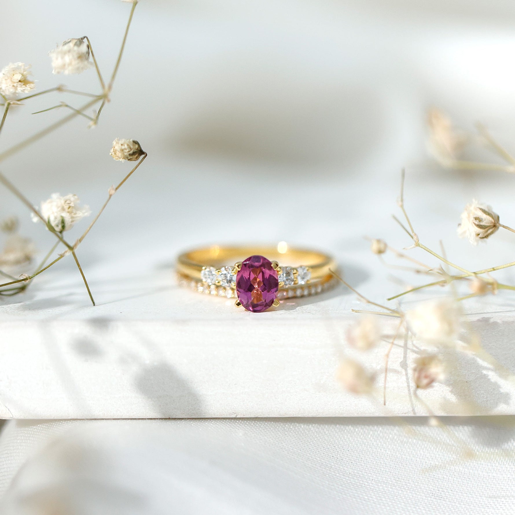 Genuine Rhodolite Oval Engagement Ring with Diamond Wedding Band