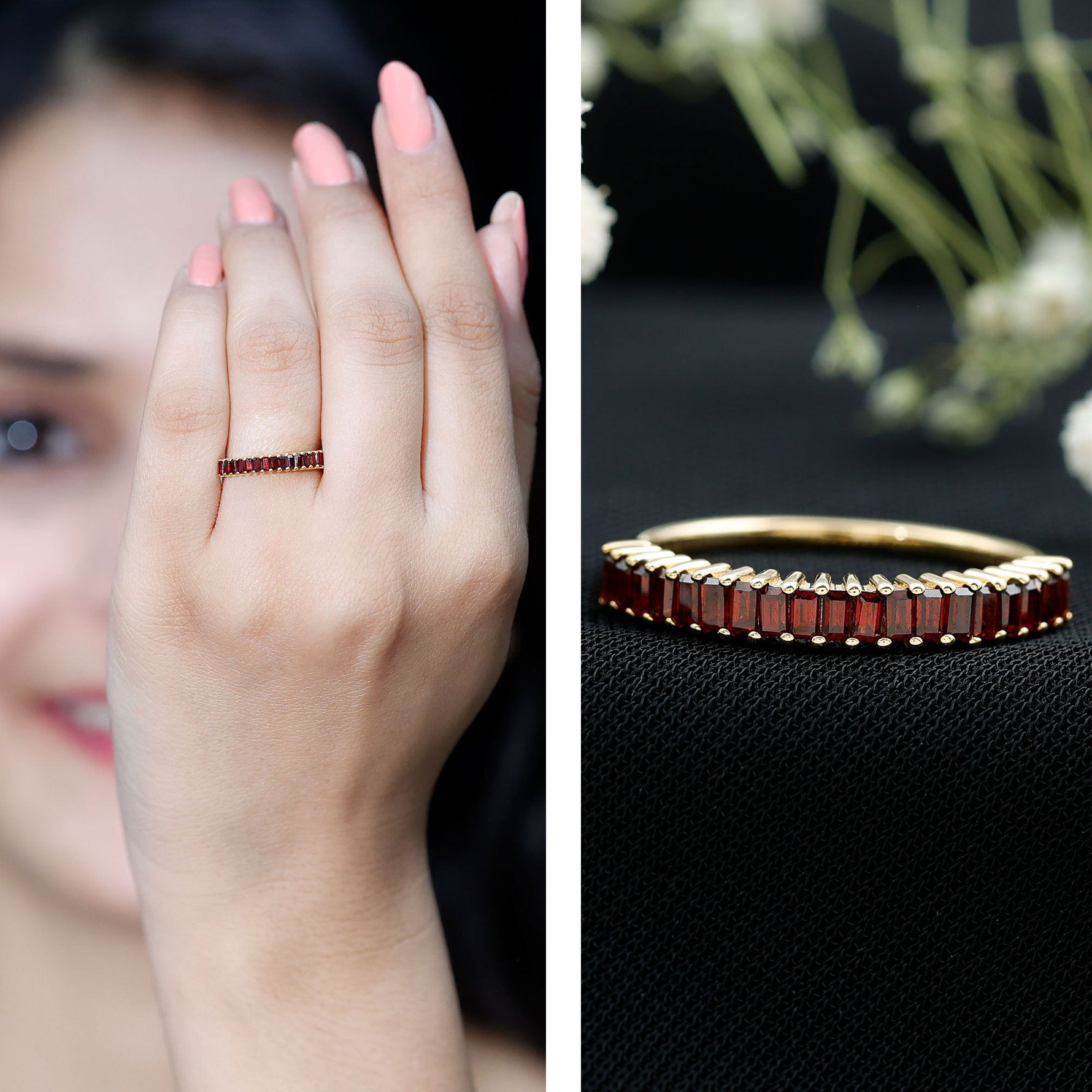 Certified Garnet Half Eternity Ring in Yellow Gold Plated Silver