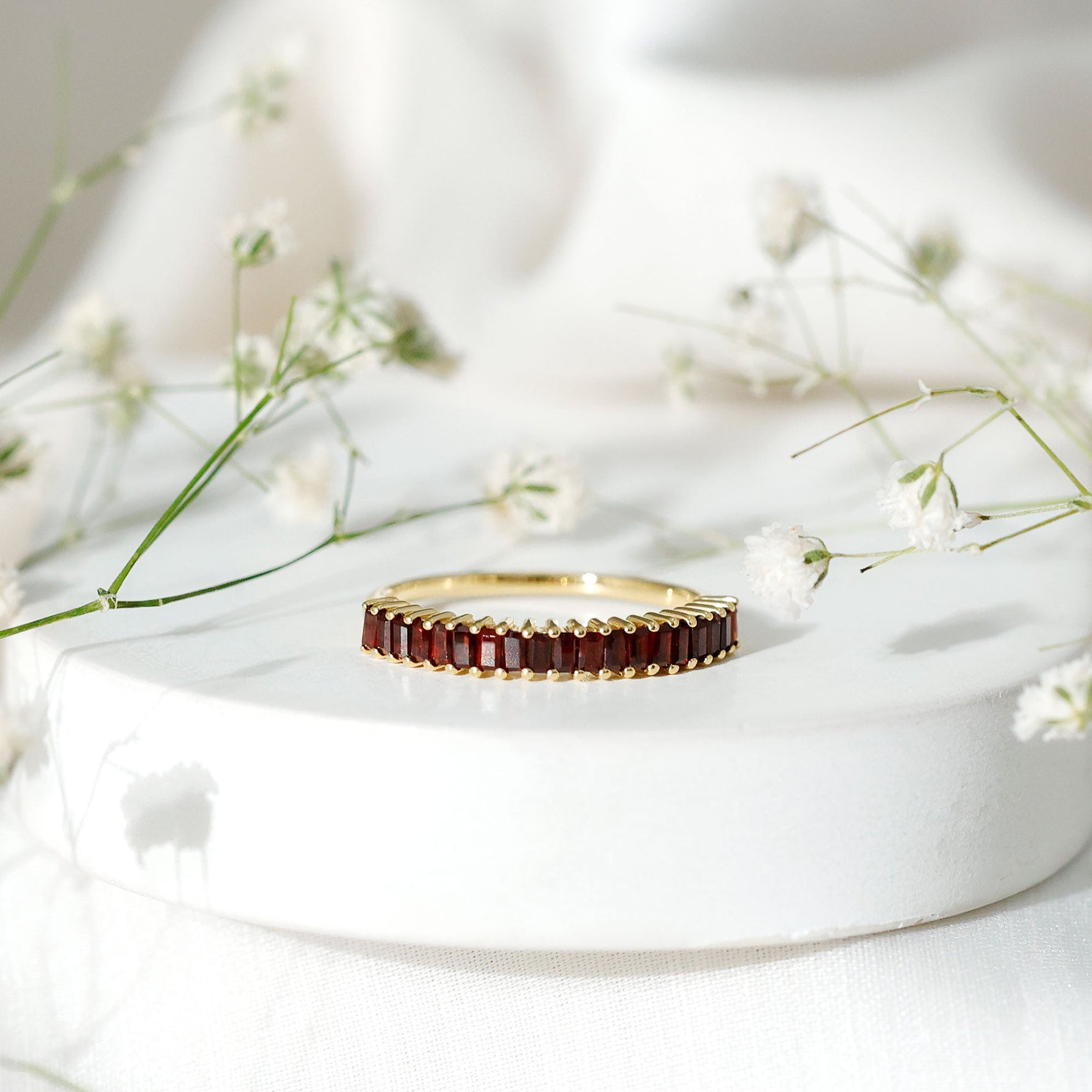 Certified Garnet Half Eternity Ring in Yellow Gold Plated Silver
