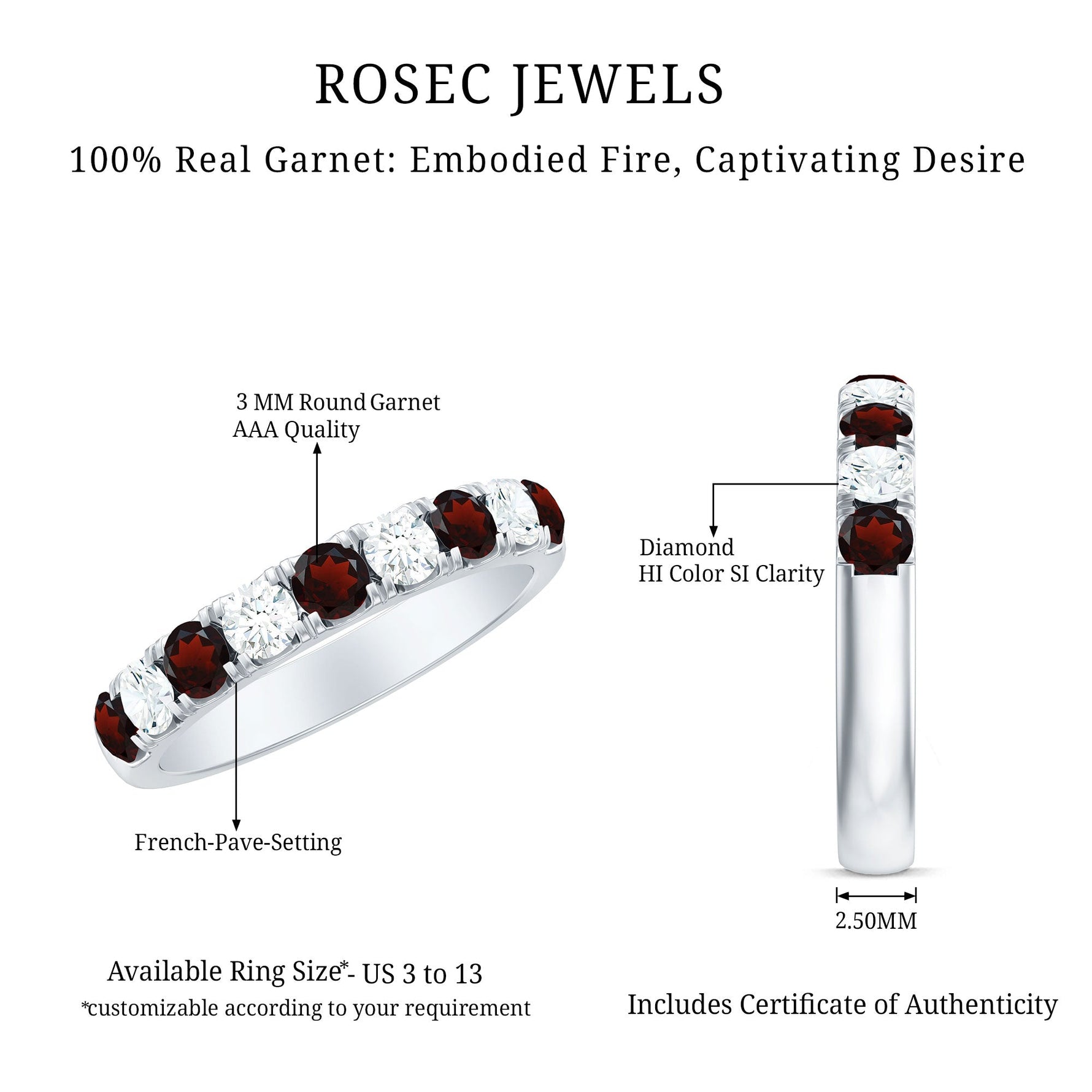 Genuine Garnet Diamond Half Eternity Wedding Ring