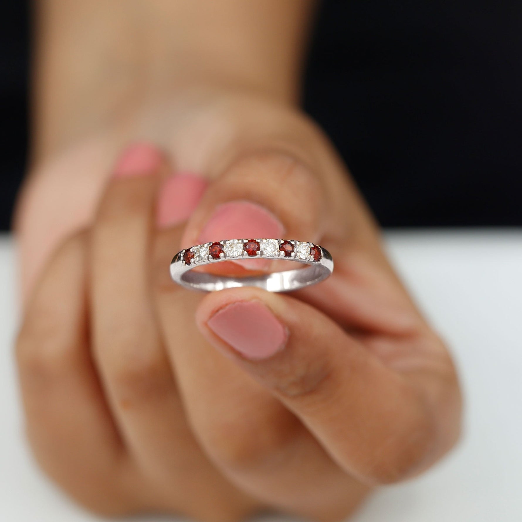 Genuine Garnet Diamond Half Eternity Wedding Ring