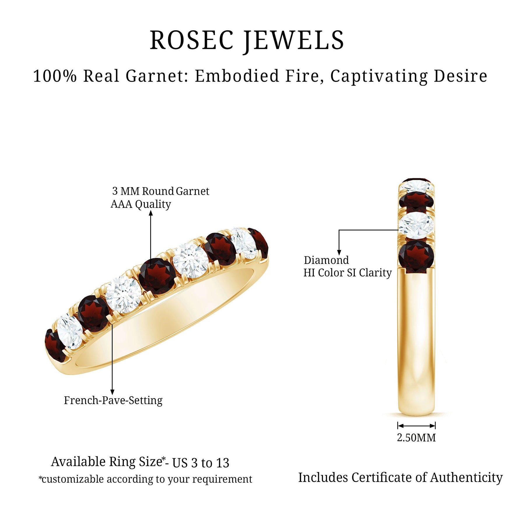 Genuine Garnet Diamond Half Eternity Wedding Ring