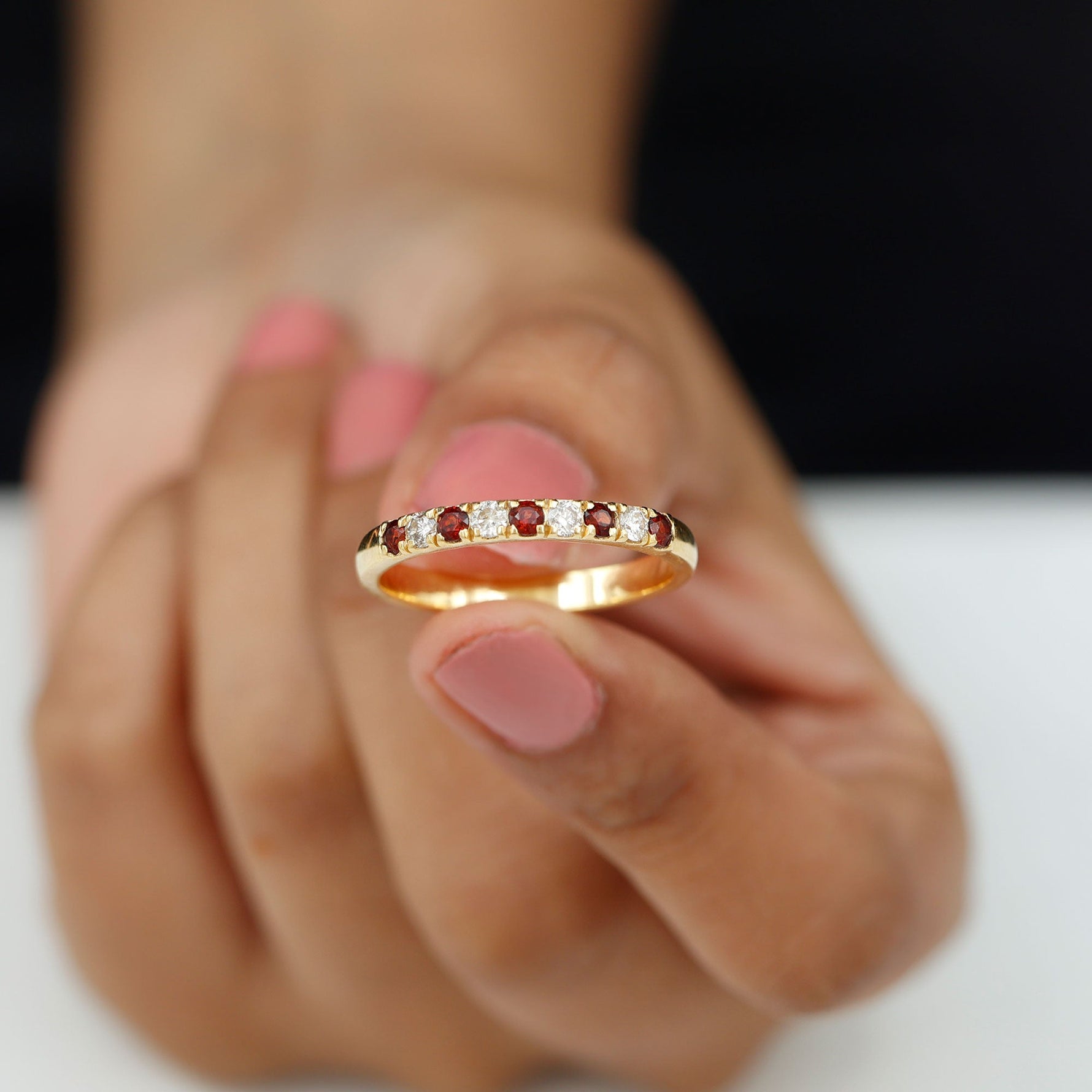 Genuine Garnet Diamond Half Eternity Wedding Ring