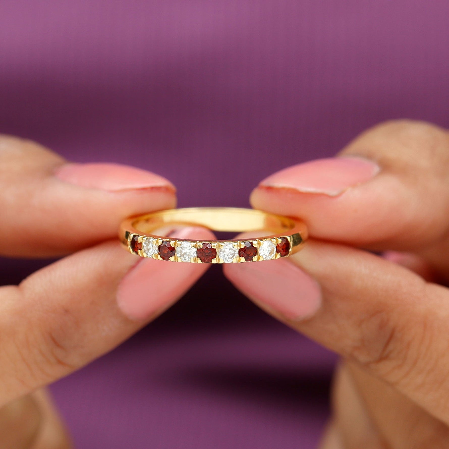 Genuine Garnet Diamond Half Eternity Wedding Ring