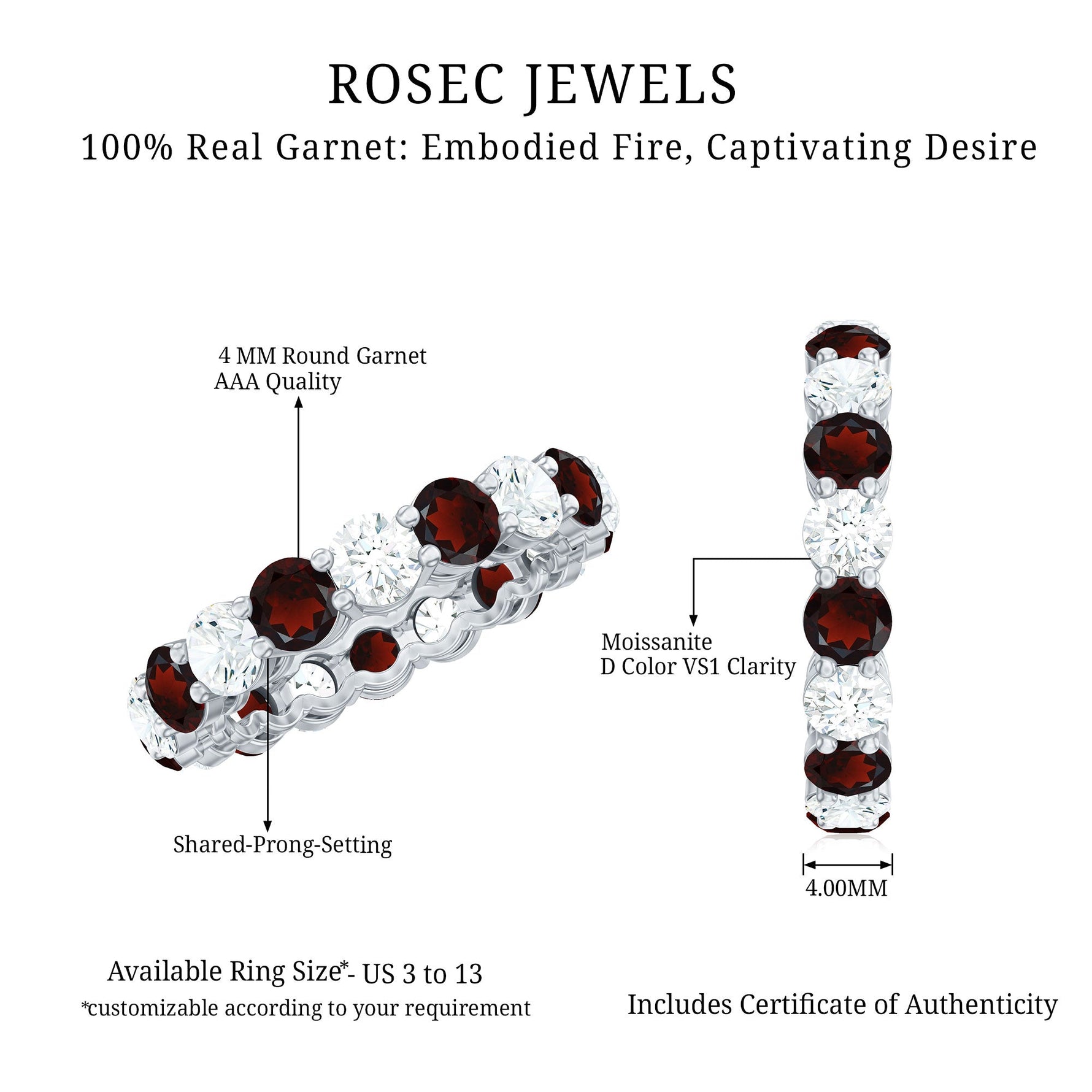 Natural Garnet Eternity Wedding Ring with Moissanite
