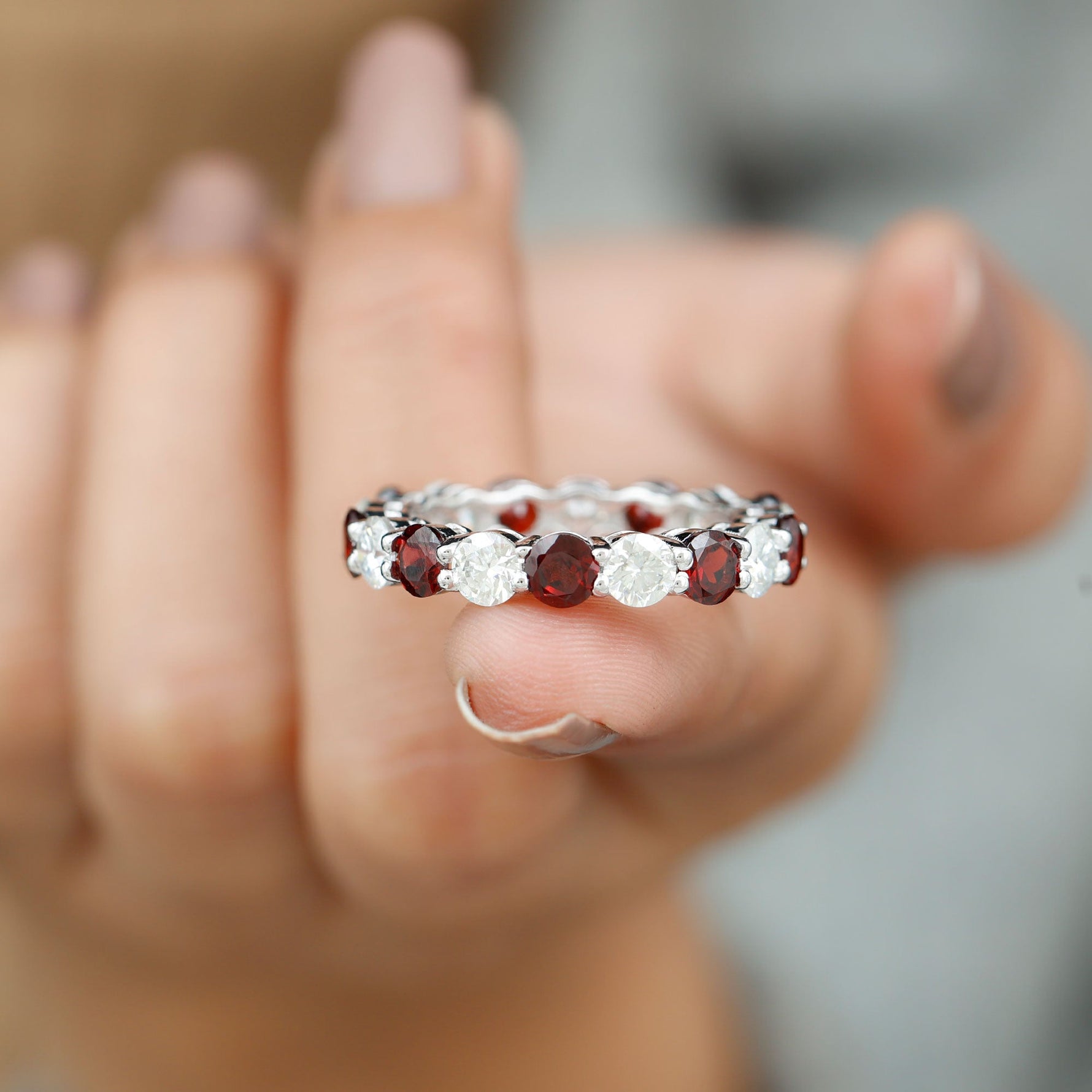 Natural Garnet Eternity Wedding Ring with Moissanite