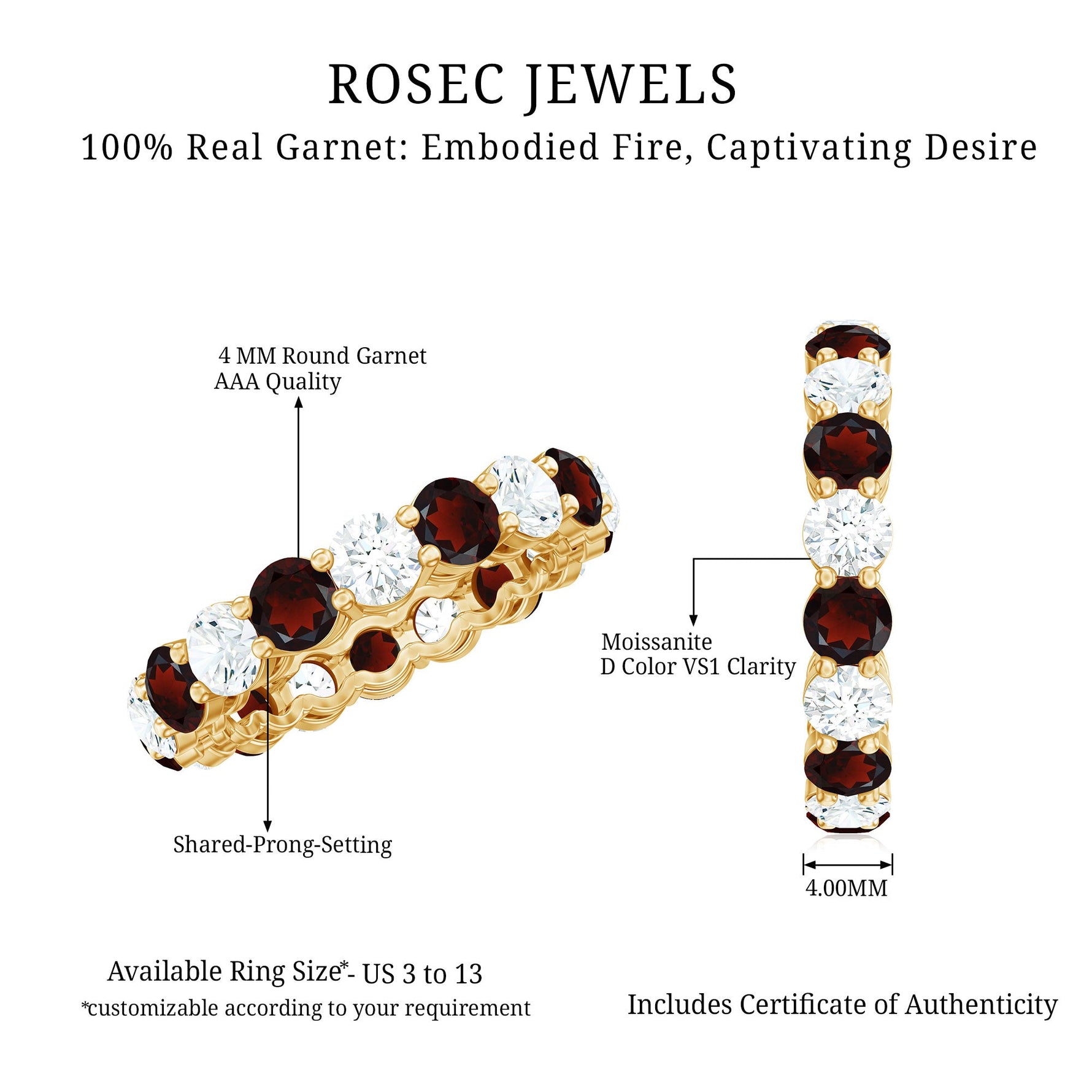 Natural Garnet Eternity Wedding Ring with Moissanite