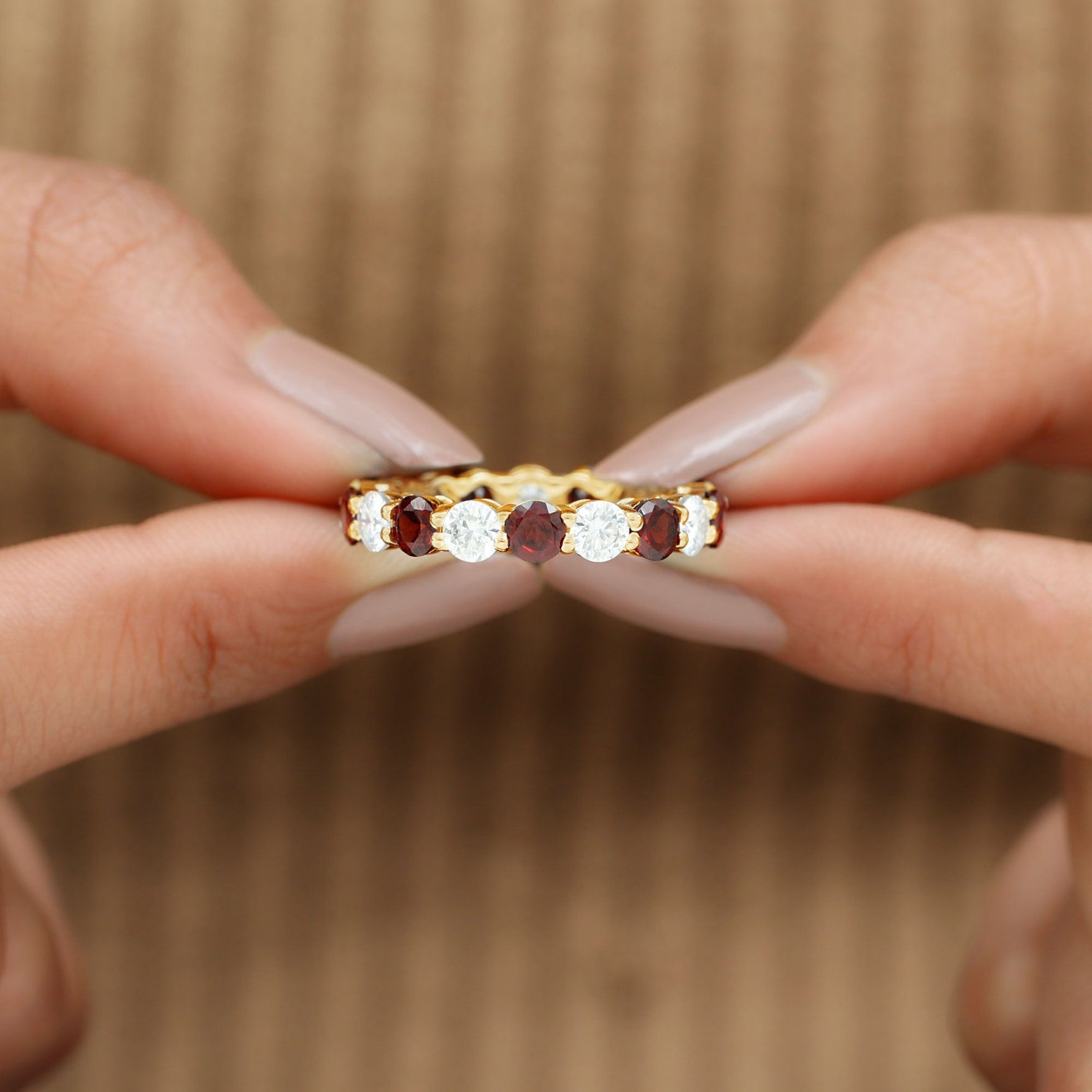 Natural Garnet Eternity Wedding Ring with Moissanite