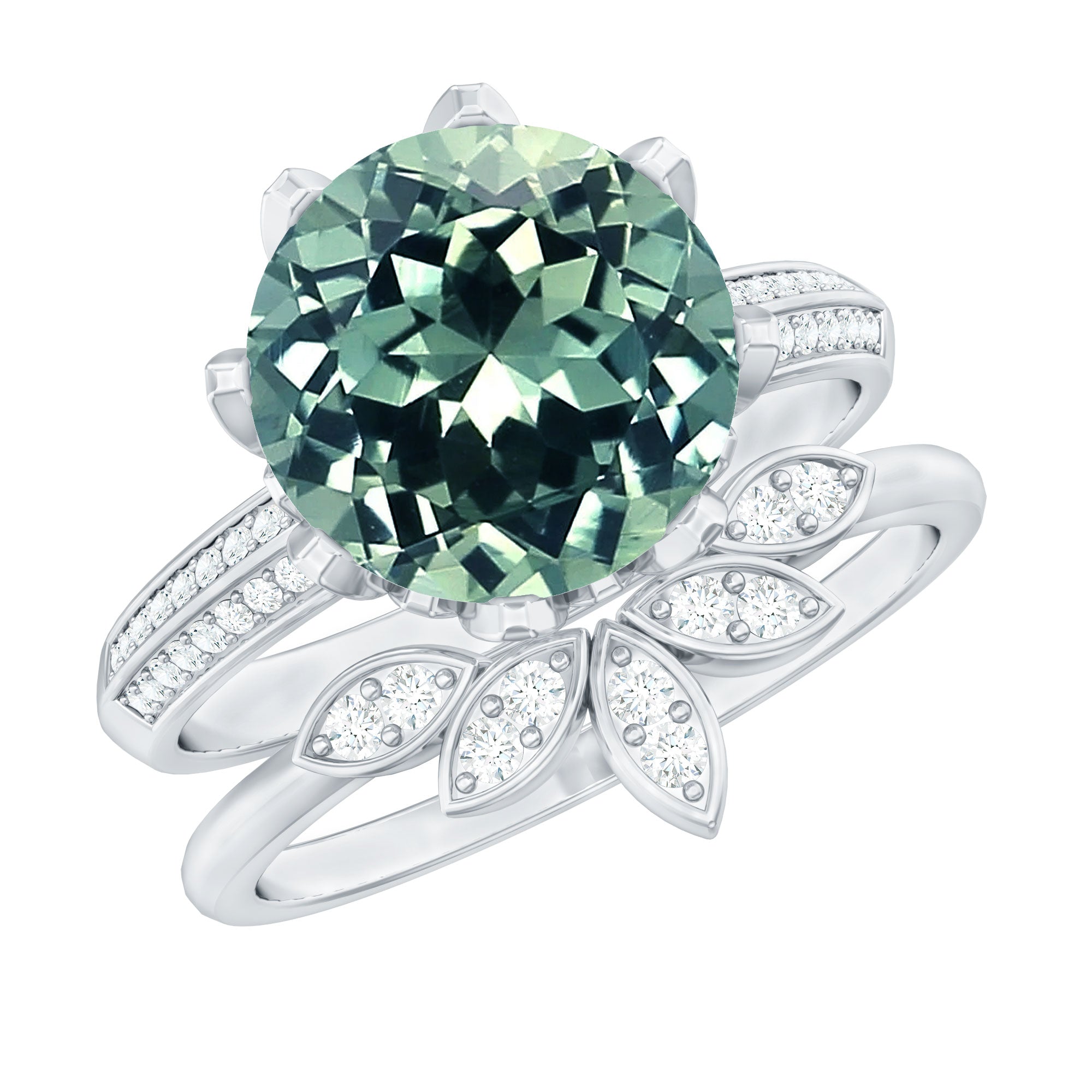 Lab Grown Green Sapphire Flower Wedding Ring Set with Moissanite
