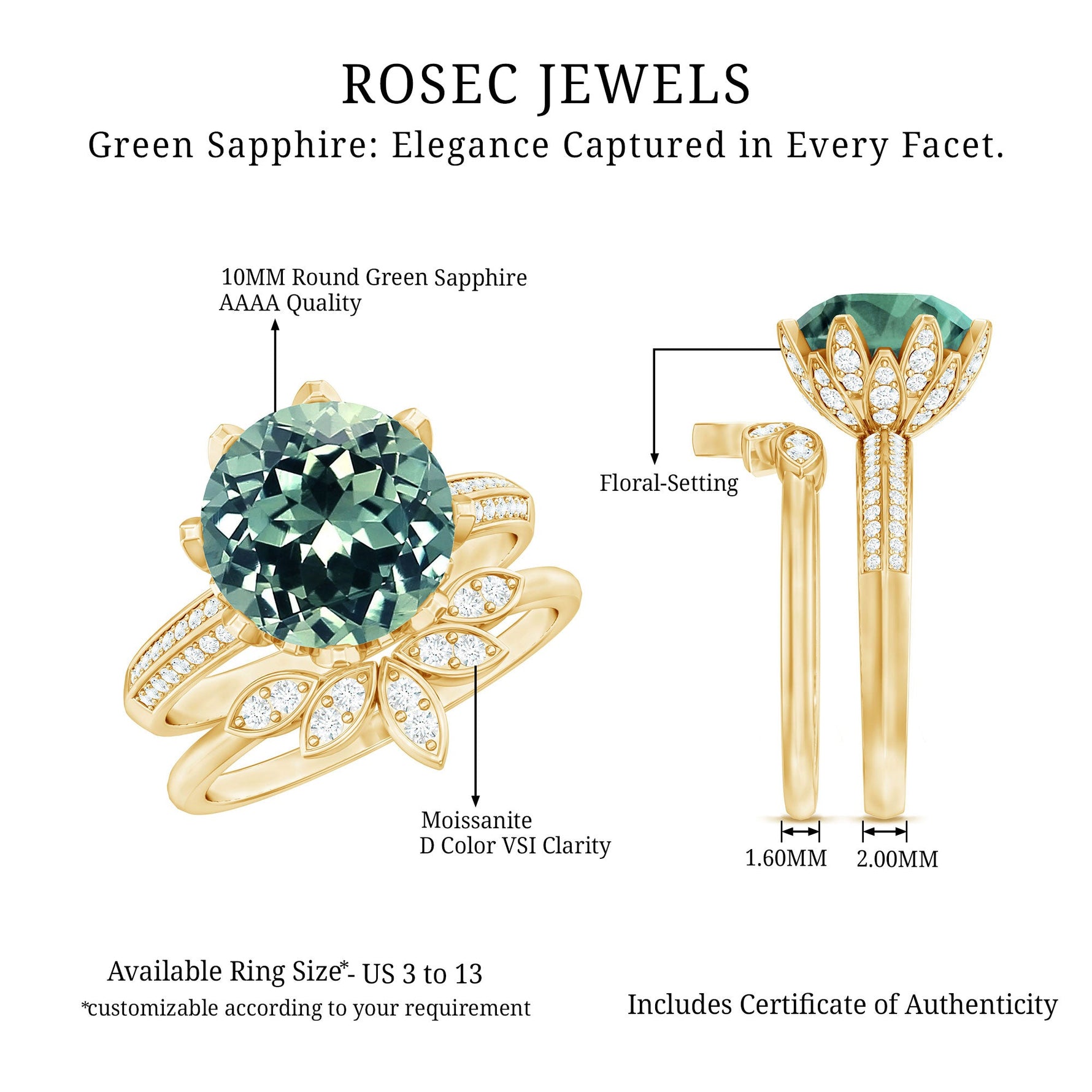 Lab Grown Green Sapphire Flower Wedding Ring Set with Moissanite