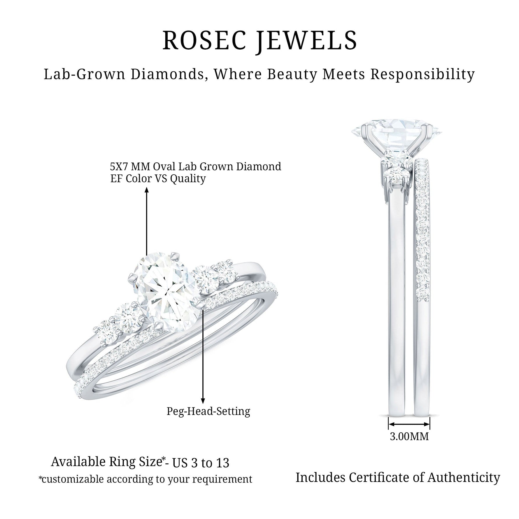 Certified 5X7 MM Oval Lab Grown Diamond Bridal Ring Set