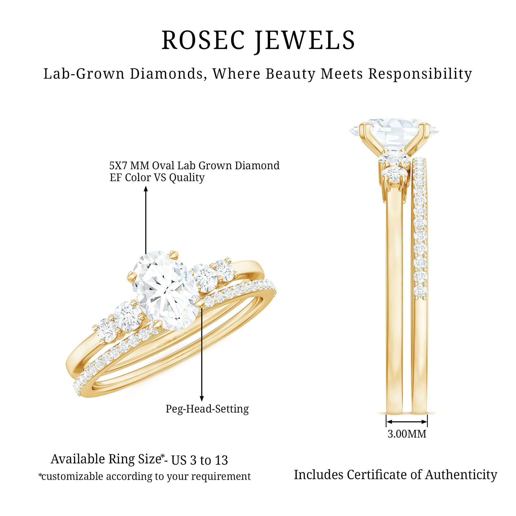 Certified 5X7 MM Oval Lab Grown Diamond Bridal Ring Set