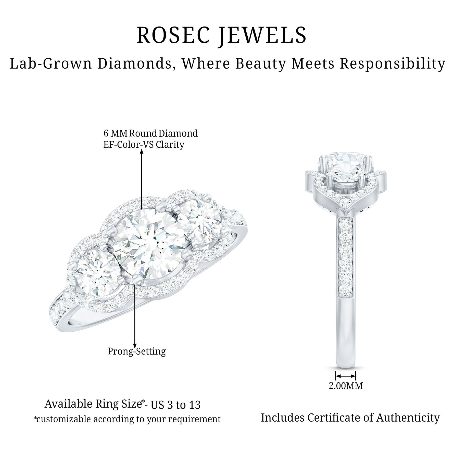 Certified Lab Grown Diamond 3 Stone Engagement Ring