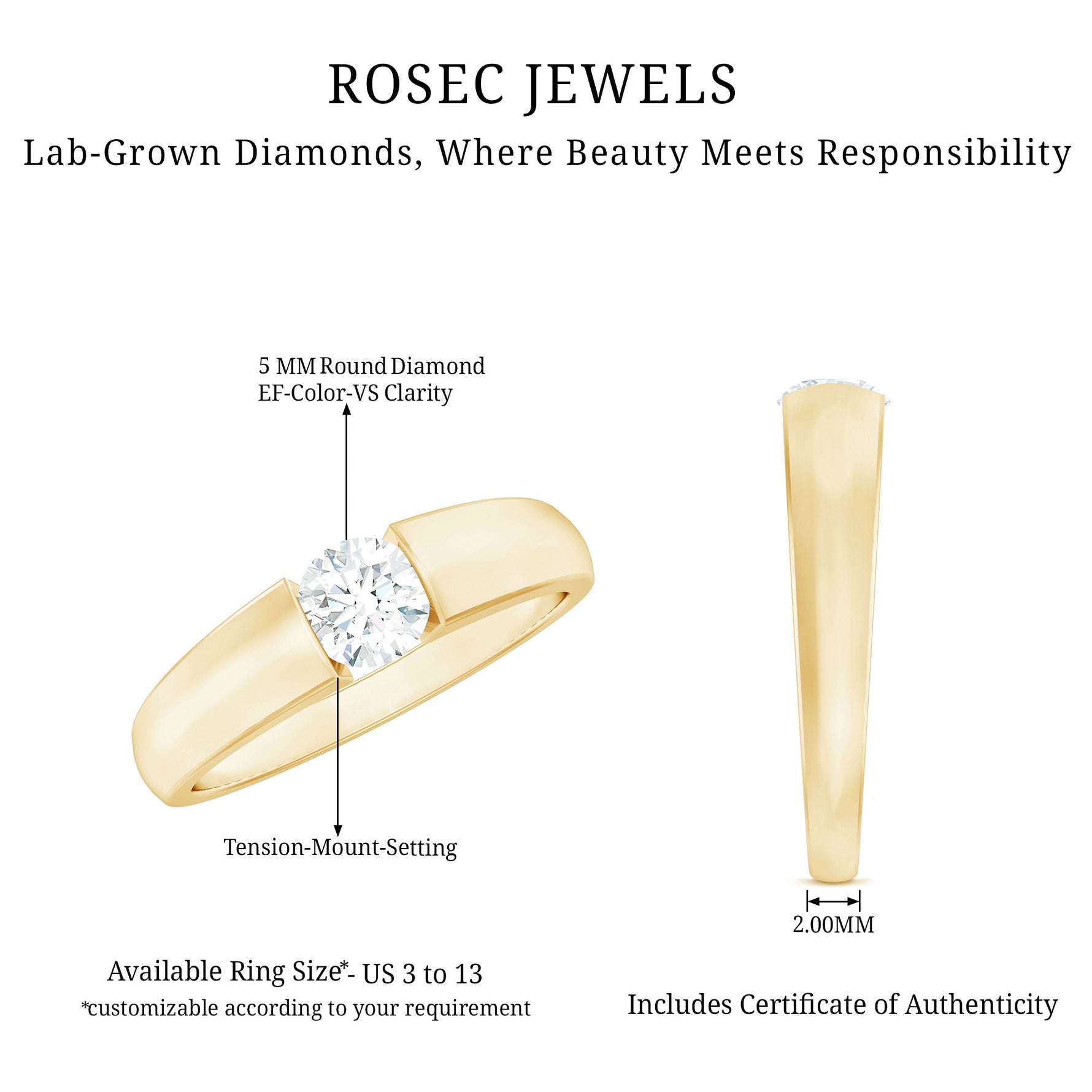 Lab Grown Diamond 5 MM Solitaire Band Ring