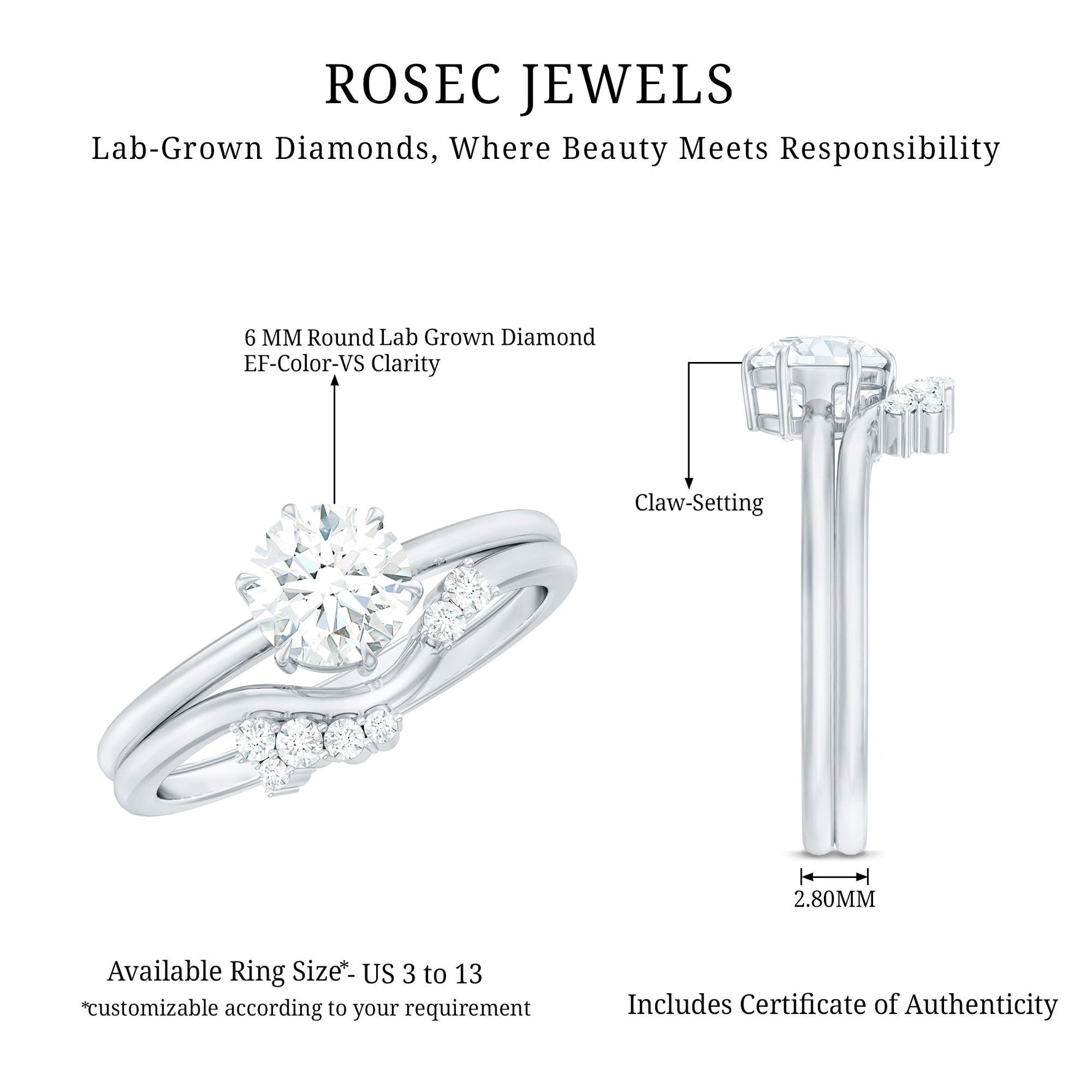 Certified 6 MM Lab Grown Diamond Designer Bridal Ring Set