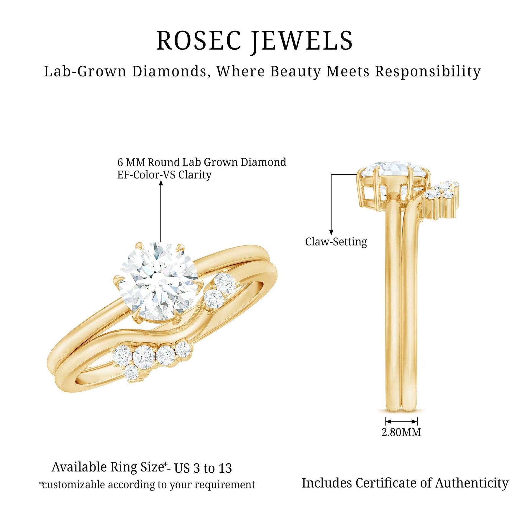 Certified 6 MM Lab Grown Diamond Designer Bridal Ring Set