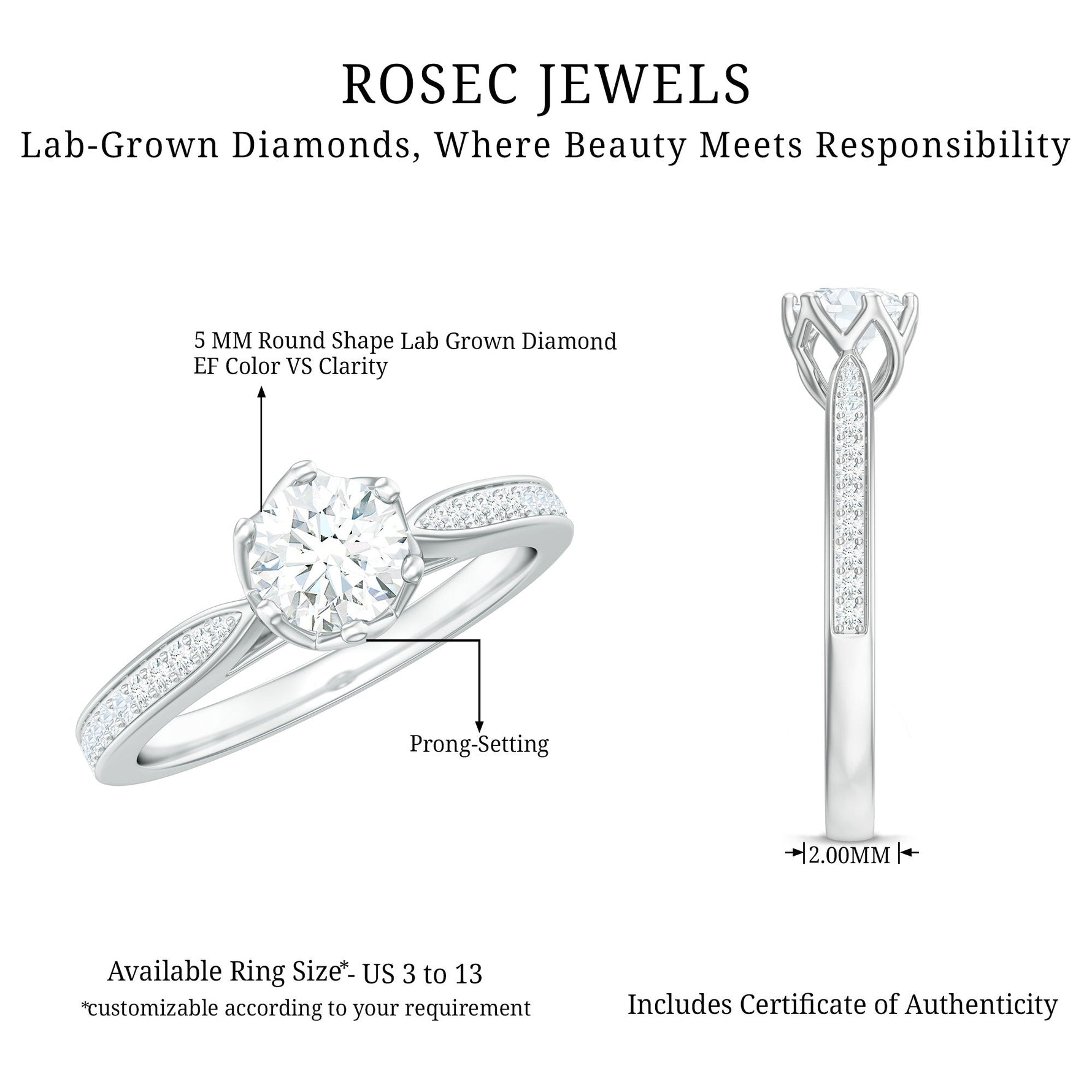 Lab Grown Diamond Solitaire Engagement Ring with Side Stones